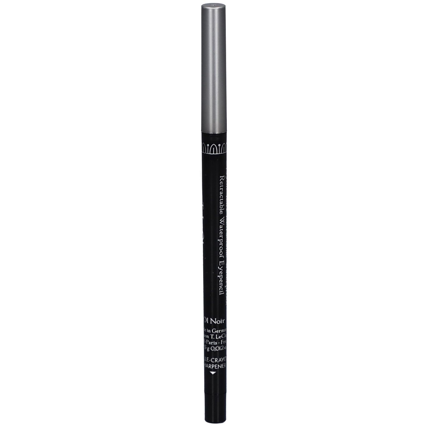 Schwarzer, ausziehbarer Eyeliner-Stift mit silberner Kappe. Aufschrift: Waterproof Eyeliner Pencil.