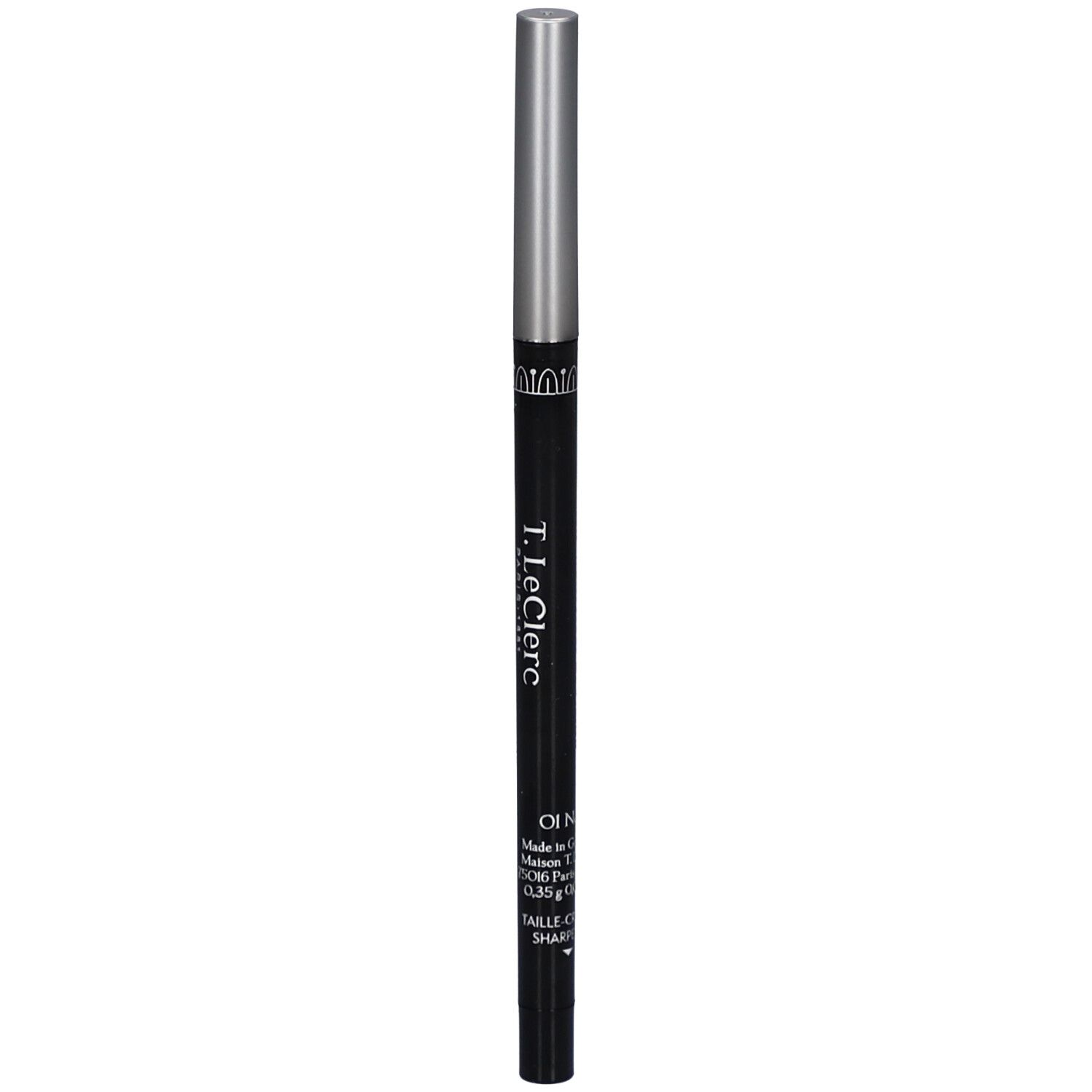 Schwarzer, ausziehbarer Eyeliner-Stift mit silberner Kappe. Marke: T. LeClerc, Farbe: 01 Noir.