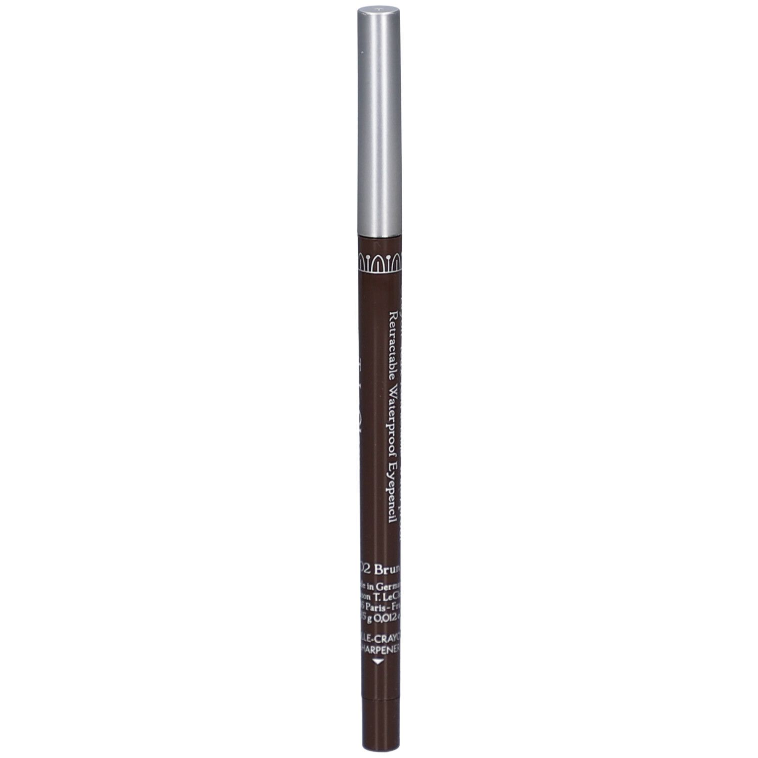 Brauner, ausziehbarer Augenstift mit silberner Kappe. Aufschrift: 02 Brun, Waterproof Eyeliner.