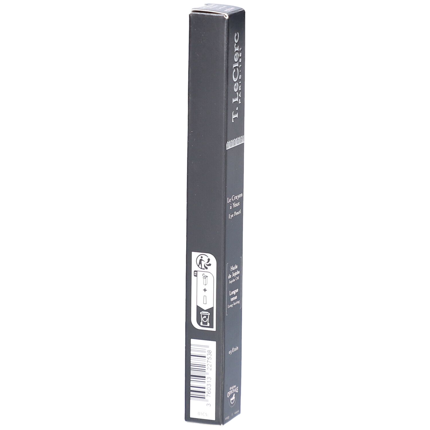 Emballage noir avec informations produit. T. LeClerc Paris-1881, Le Crayon à Yeux, 03 Étain. Huile de jojoba.
