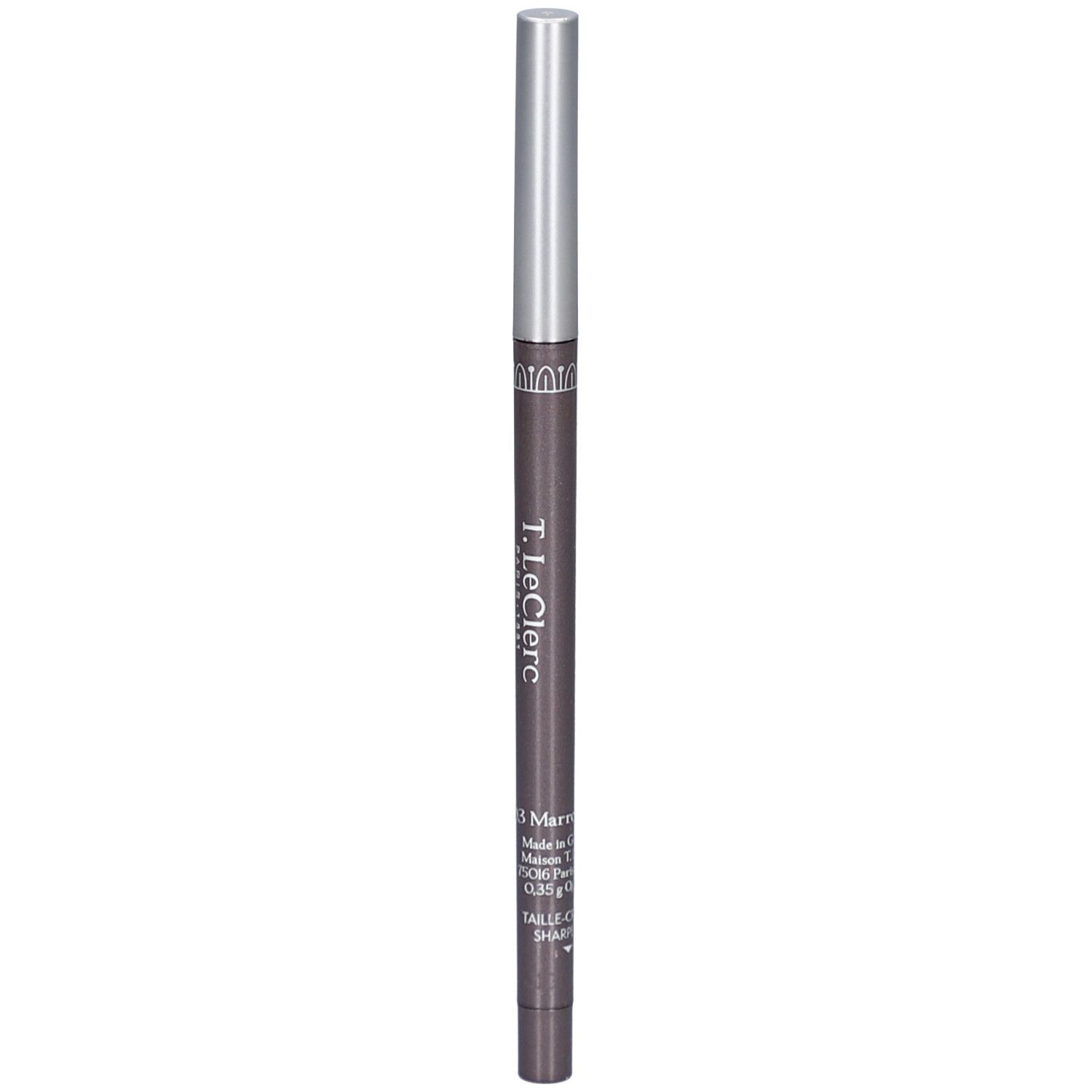 Dunkelbrauner Augenstift mit silberner Spitze. T.LeClerc Paris. 03 Marron Glacé. Retractable Waterproof Eyeliner.