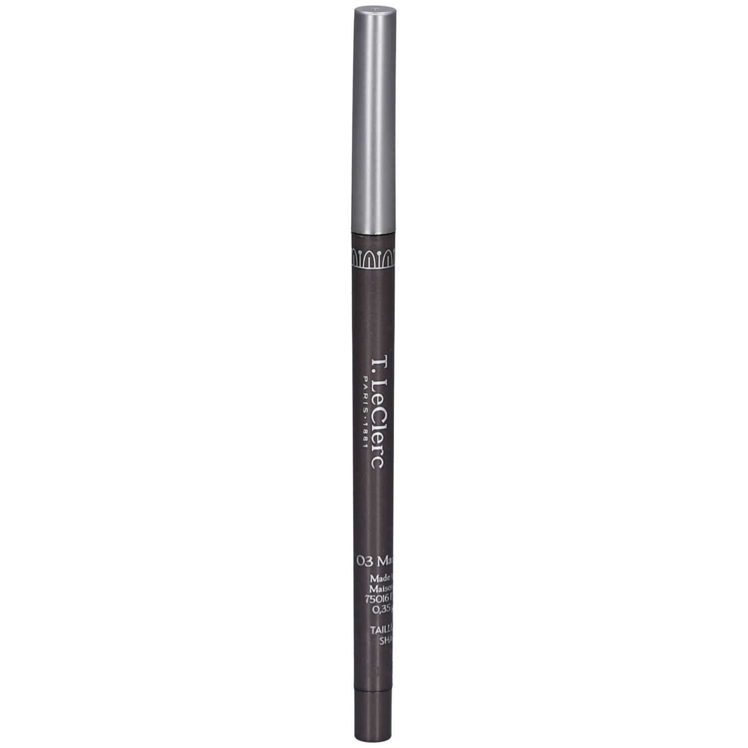 Dunkelbrauner Augenstift mit silberner Spitze. T.LeClerc Paris. 03 Marron Glacé. Retractable Waterproof Eyeliner.