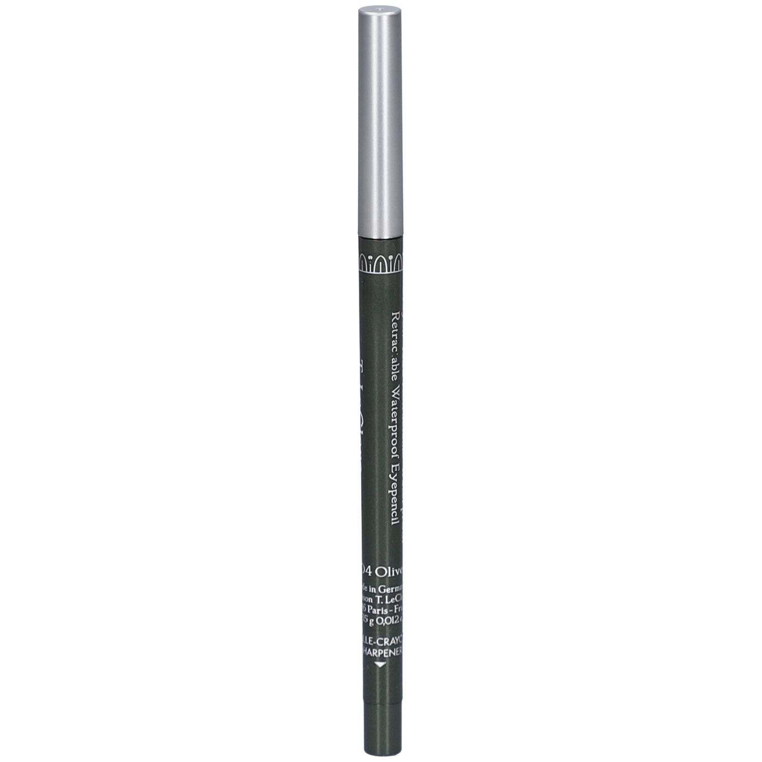 Dunkelgrüner, ausziehbarer Augenstift mit silberner Kappe. Aufschrift: 04 Olive, Crayon Yeux Rétractable Waterproof.