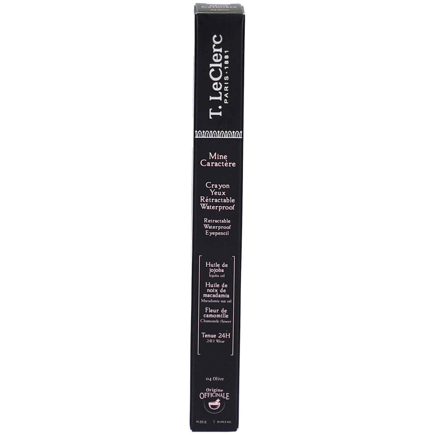 Schwarze Verpackung mit Text: Mine Caractère, Crayon Yeux Rétractable Waterproof, T.LeClerc Paris 1881.