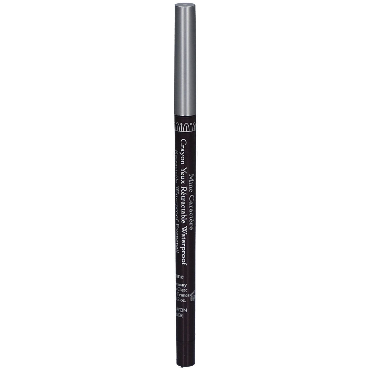 Dunkelbrauner, ausziehbarer, wasserfester Augenstift mit silberner Kappe. Aufschrift: "Mine Caractère Crayon Yeux Rétractable Waterproof".