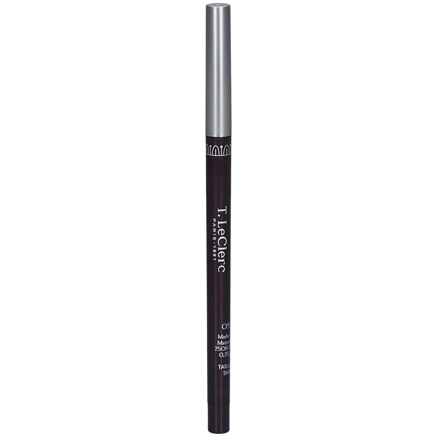 Dunkelbrauner, ausziehbarer Augenstift mit silberner Kappe. Aufschrift: "T.LeClerc Paris". Farbe: 05 Prune.