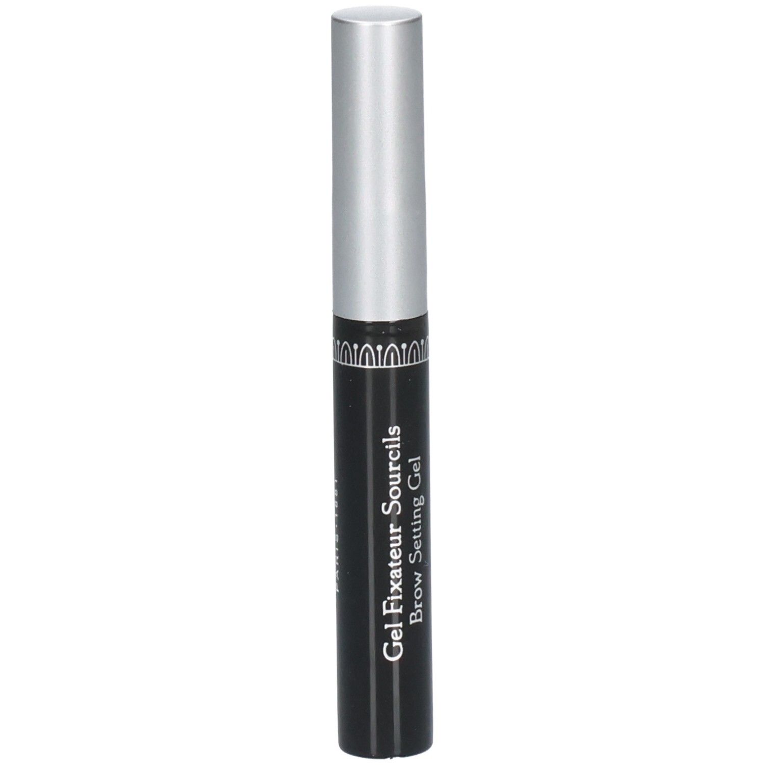 Schwarzer Tiegel mit silbernem Deckel für Augenbrauengel. Beschriftung: Gel Fixateur Sourcils, Brow Setting Gel.