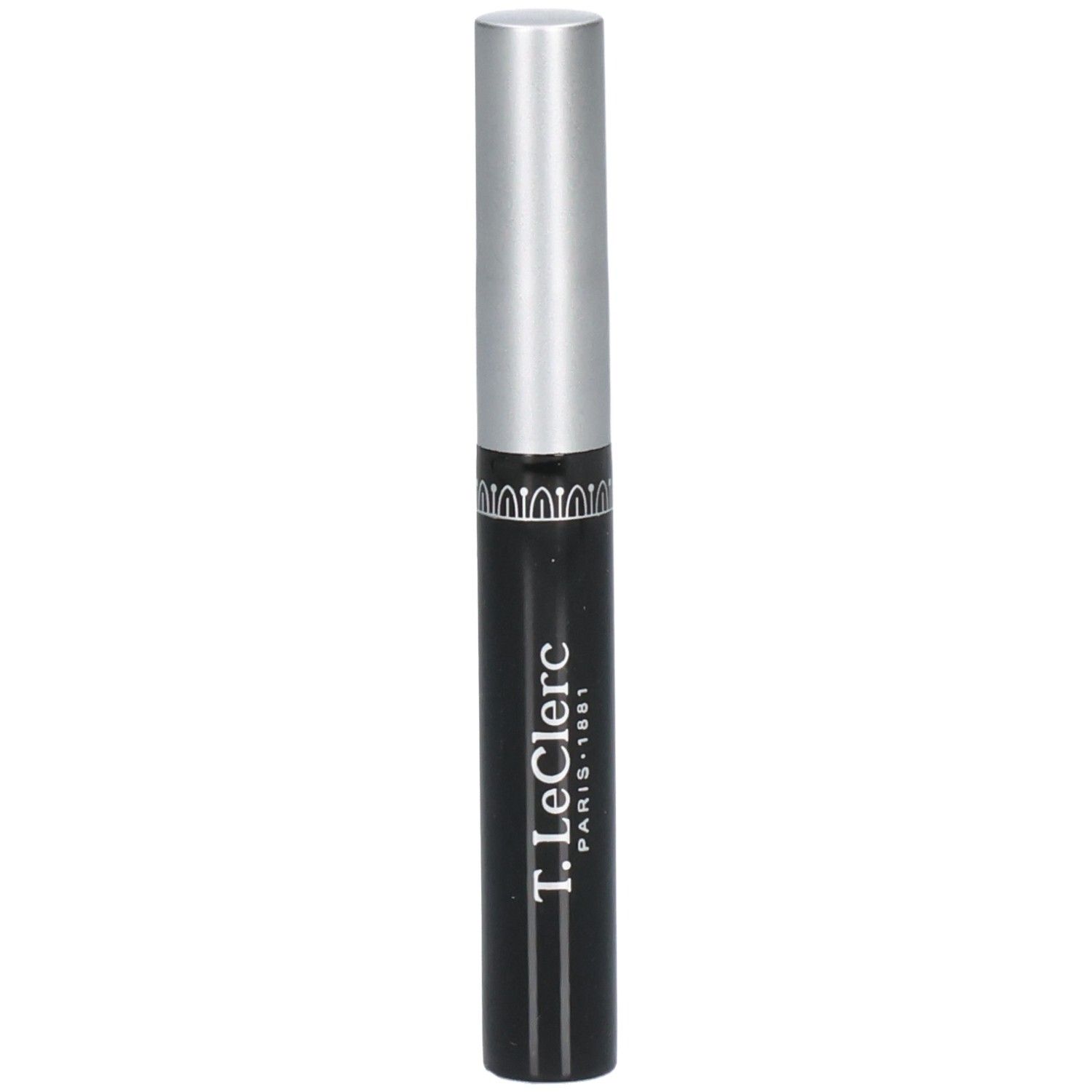 Schwarzer Mascara-Applikator mit silbernem Deckel und silbernem Muster am Hals.