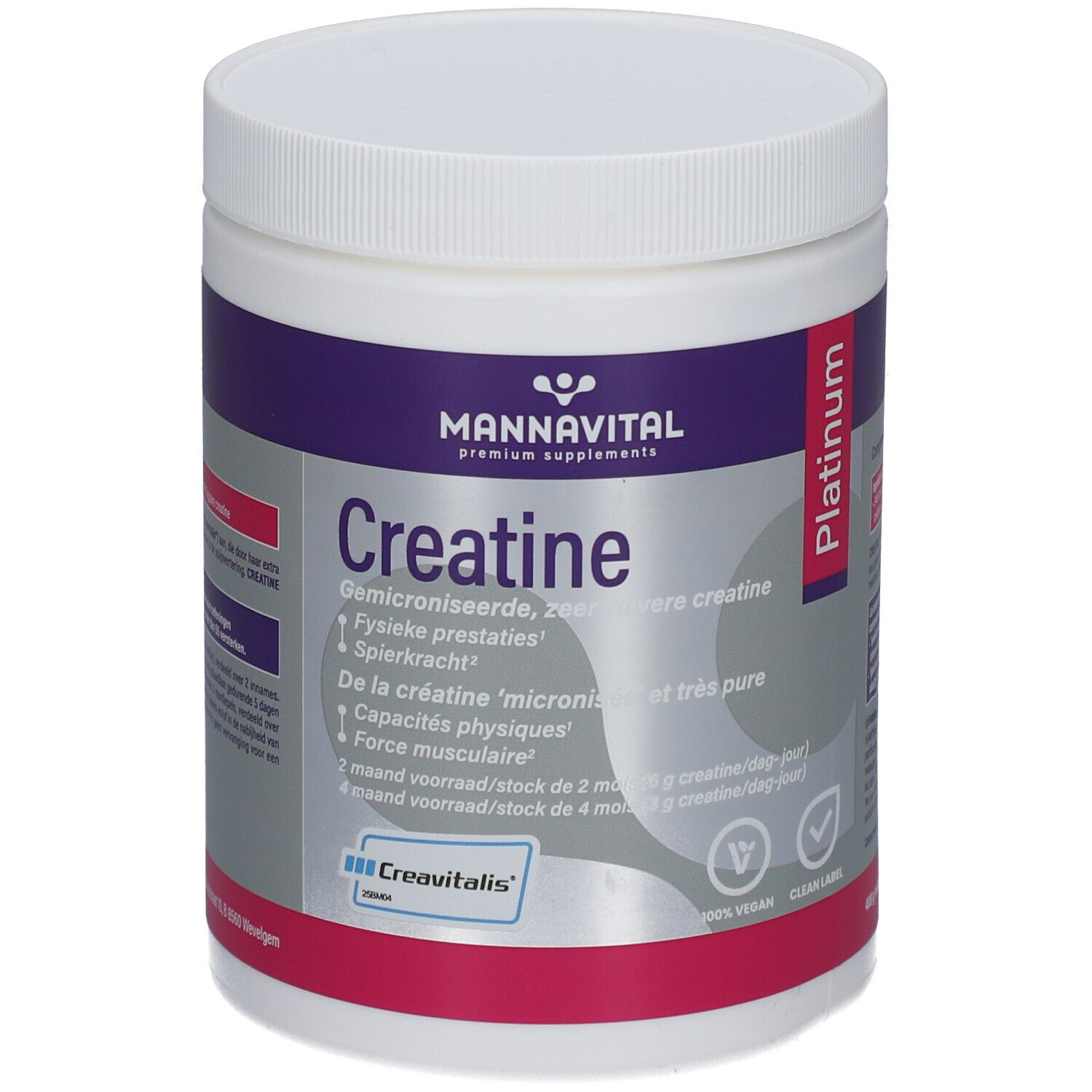 Weißes, zylindrisches Produktgehäuse mit lila und roter Beschriftung. Aufschrift: Mannavital Creatine Platinum. Vegan-Siegel.