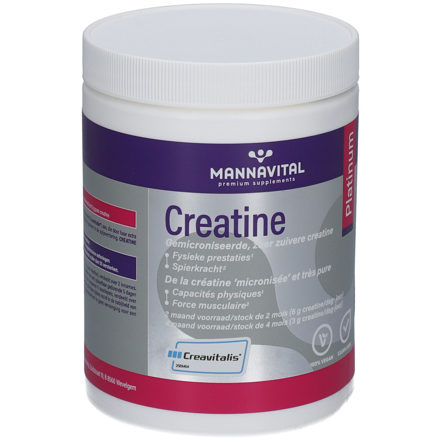 Weißes, zylindrisches Produktgehäuse mit lila und roter Beschriftung. Aufschrift: Mannavital Creatine Platinum. Vegan-Siegel.