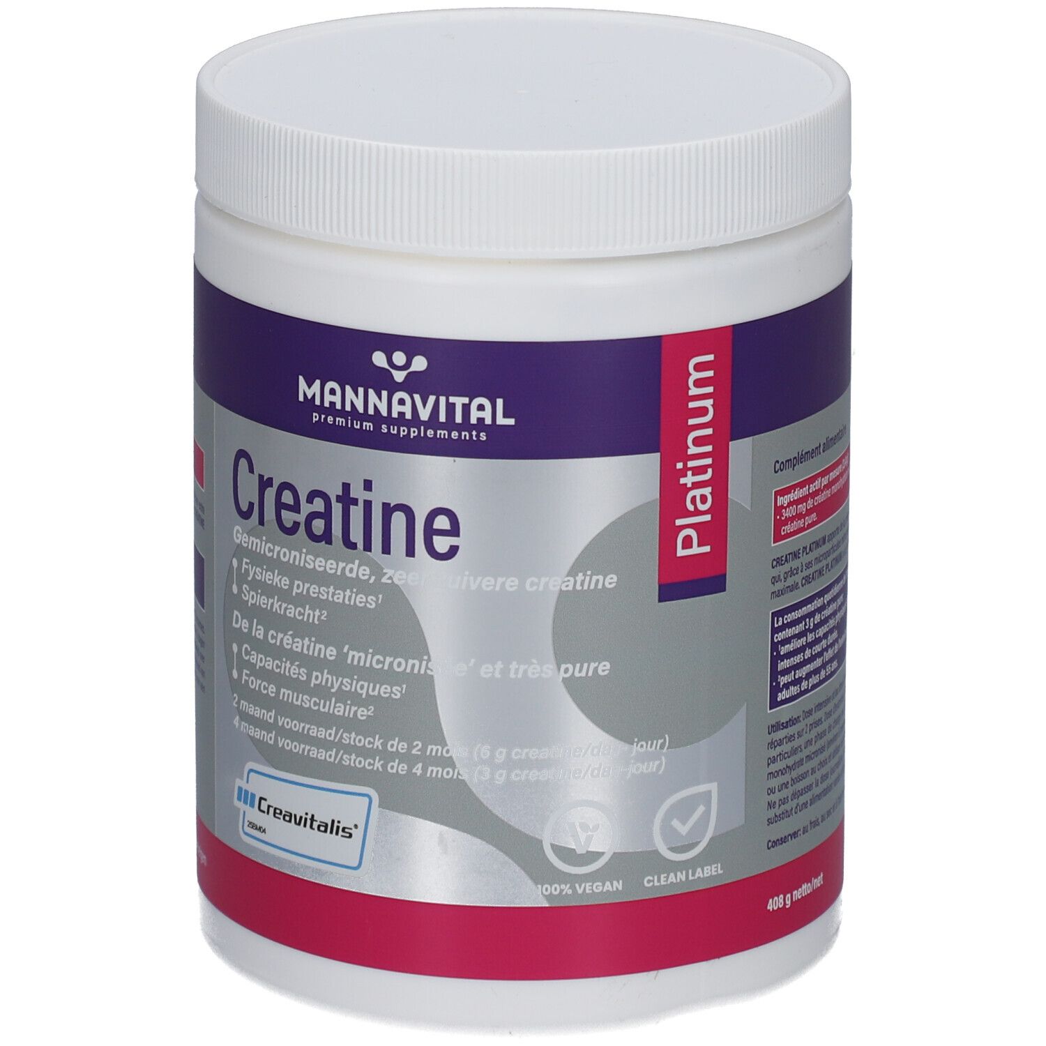 Weißes, zylindrisches Produktgehäuse mit lila und roter Beschriftung. Aufschrift: Mannavital Creatine Platinum. Vegan-Siegel.