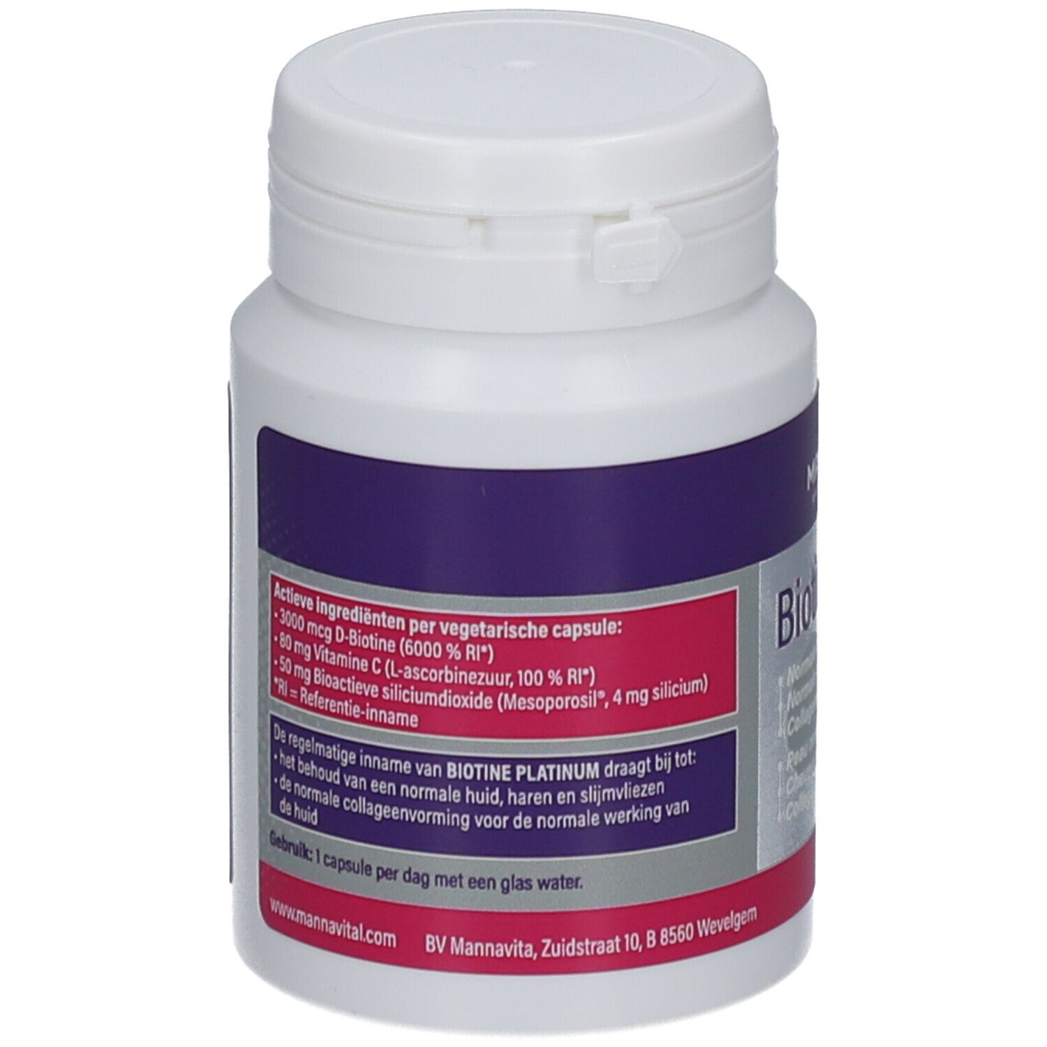 Flacon de supplément blanc avec étiquette violette et rose. Contient Biotine Platinum. Inscriptions: ingrédients, mode d'emploi.