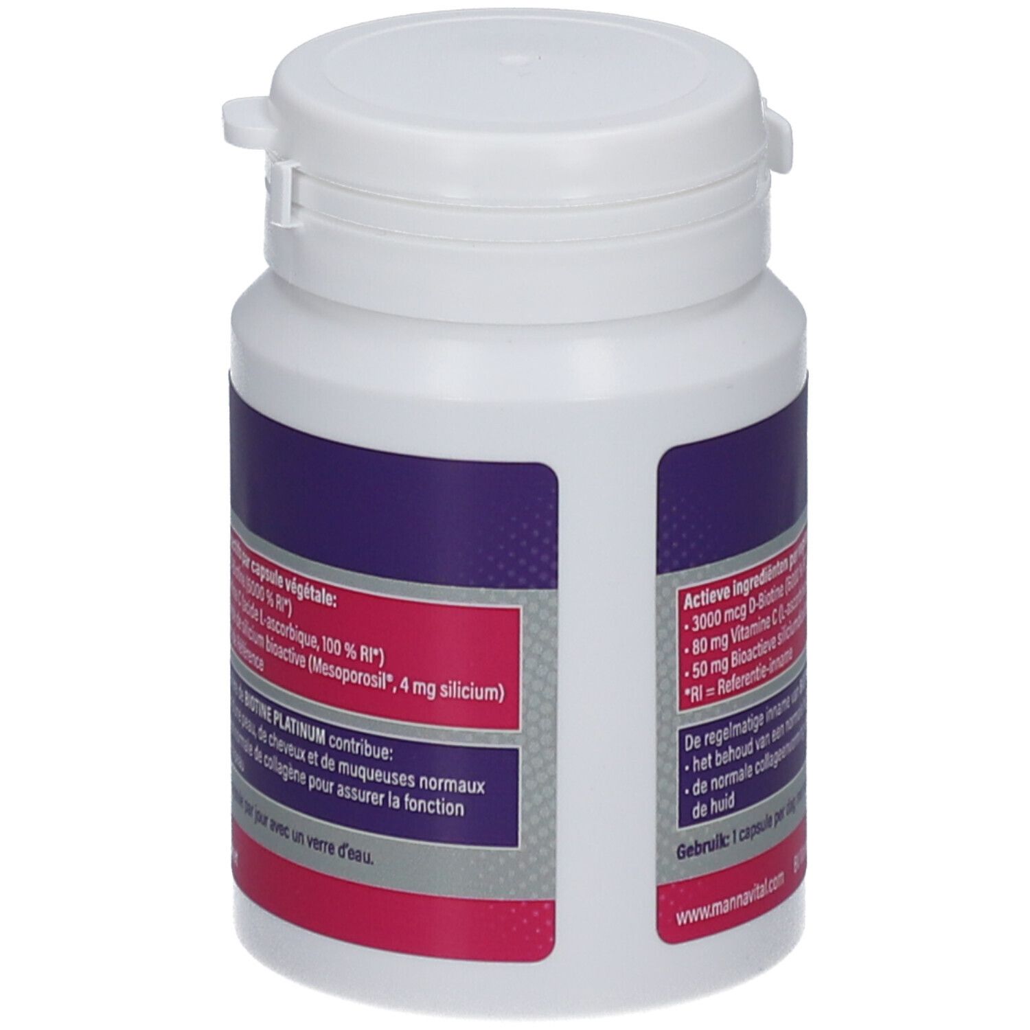 Flacon de supplément blanc avec étiquette violette et rose. Contient Biotine Platinum. Inscriptions: ingrédients, mode d'emploi.
