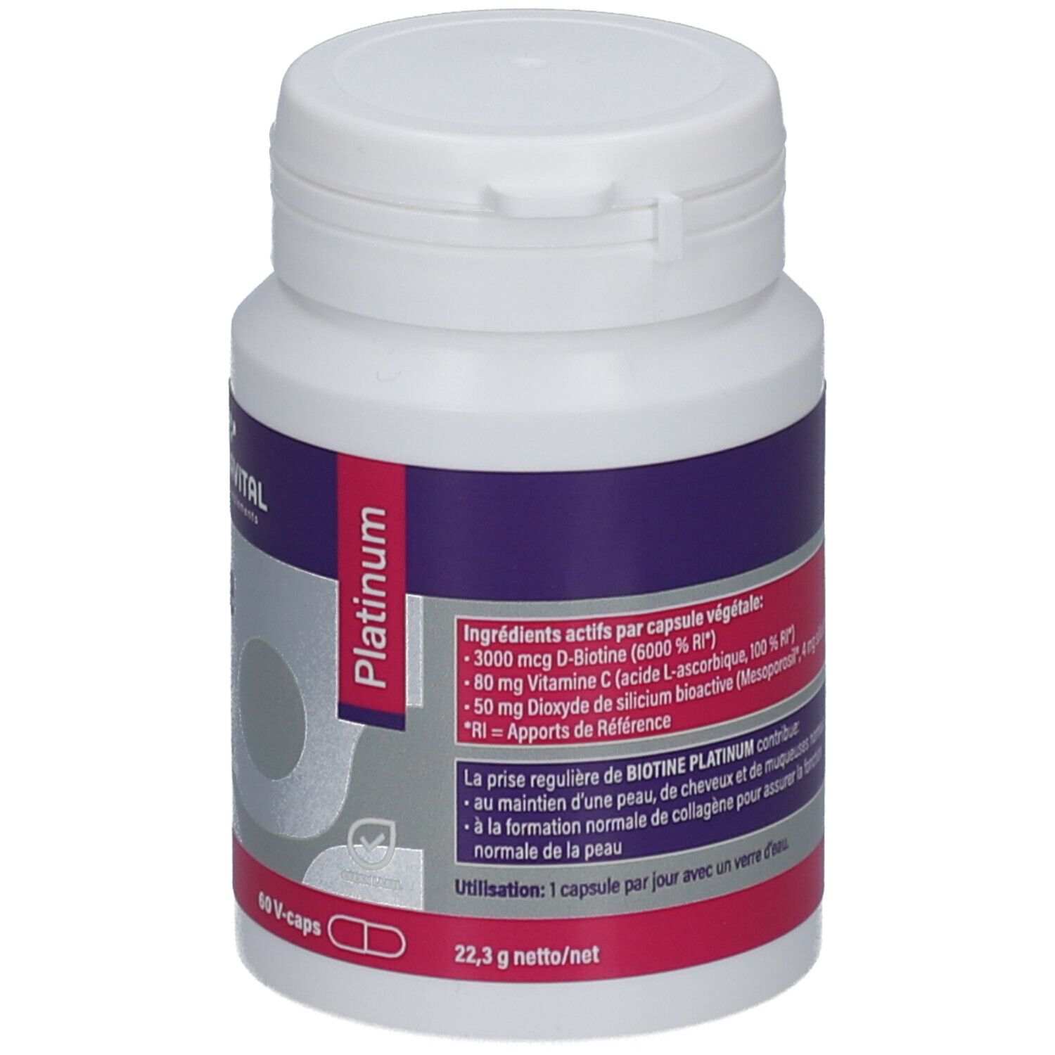 Flacon de supplément blanc avec étiquette violette et rose. Contient Biotine Platinum. Inscriptions: ingrédients, mode d'emploi.
