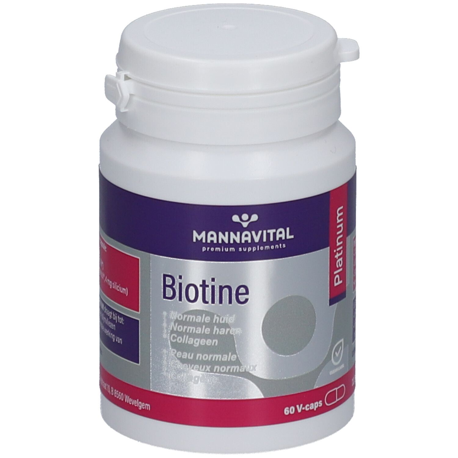 Flacon de supplément blanc avec étiquette violette et rose. Contient Biotine Platinum. Inscriptions: ingrédients, mode d'emploi.