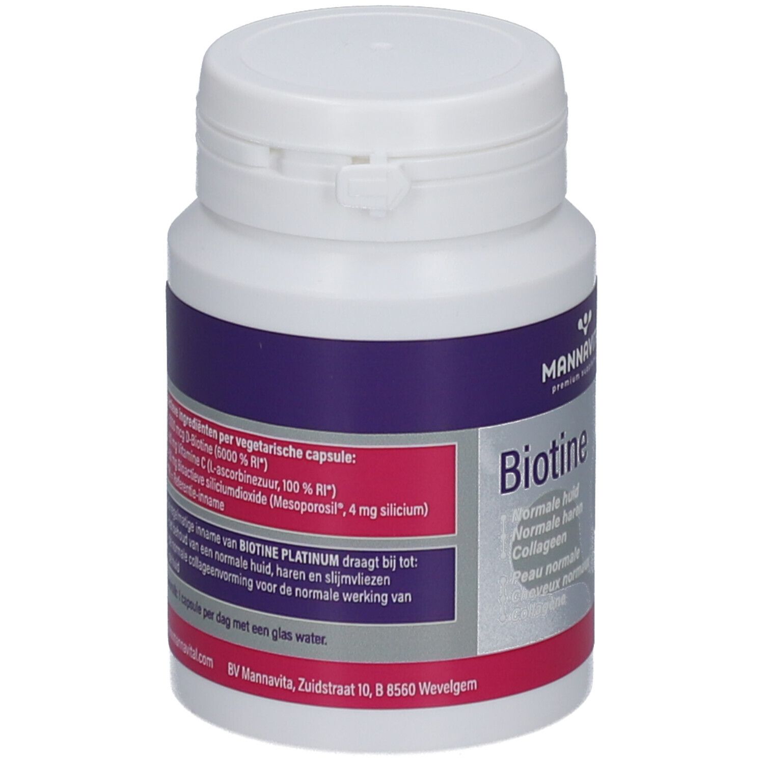 Flacon de supplément blanc avec étiquette violette et rose. Contient Biotine Platinum. Inscriptions: ingrédients, mode d'emploi.