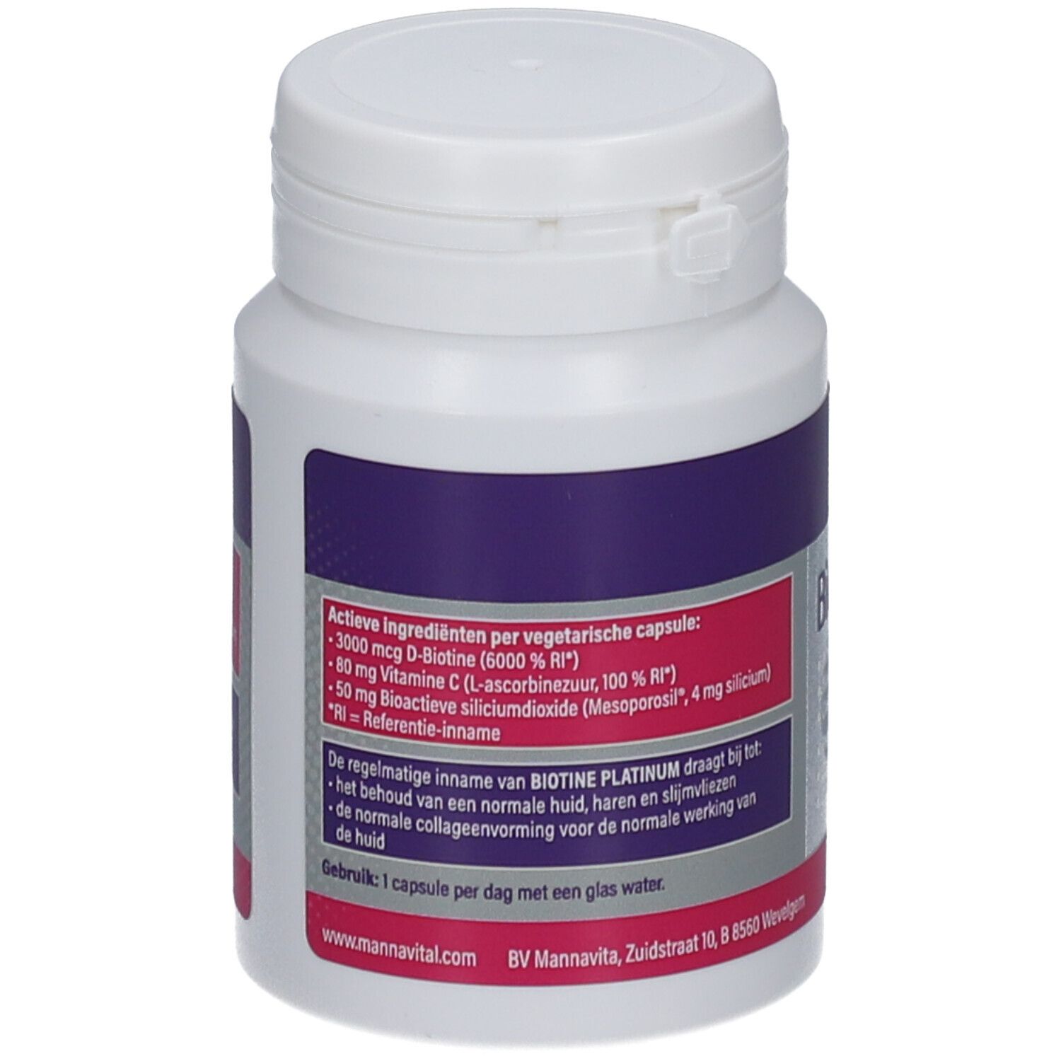 Flacon de supplément blanc avec étiquette violette et rose. Contient Biotine Platinum. Inscriptions: ingrédients, mode d'emploi.