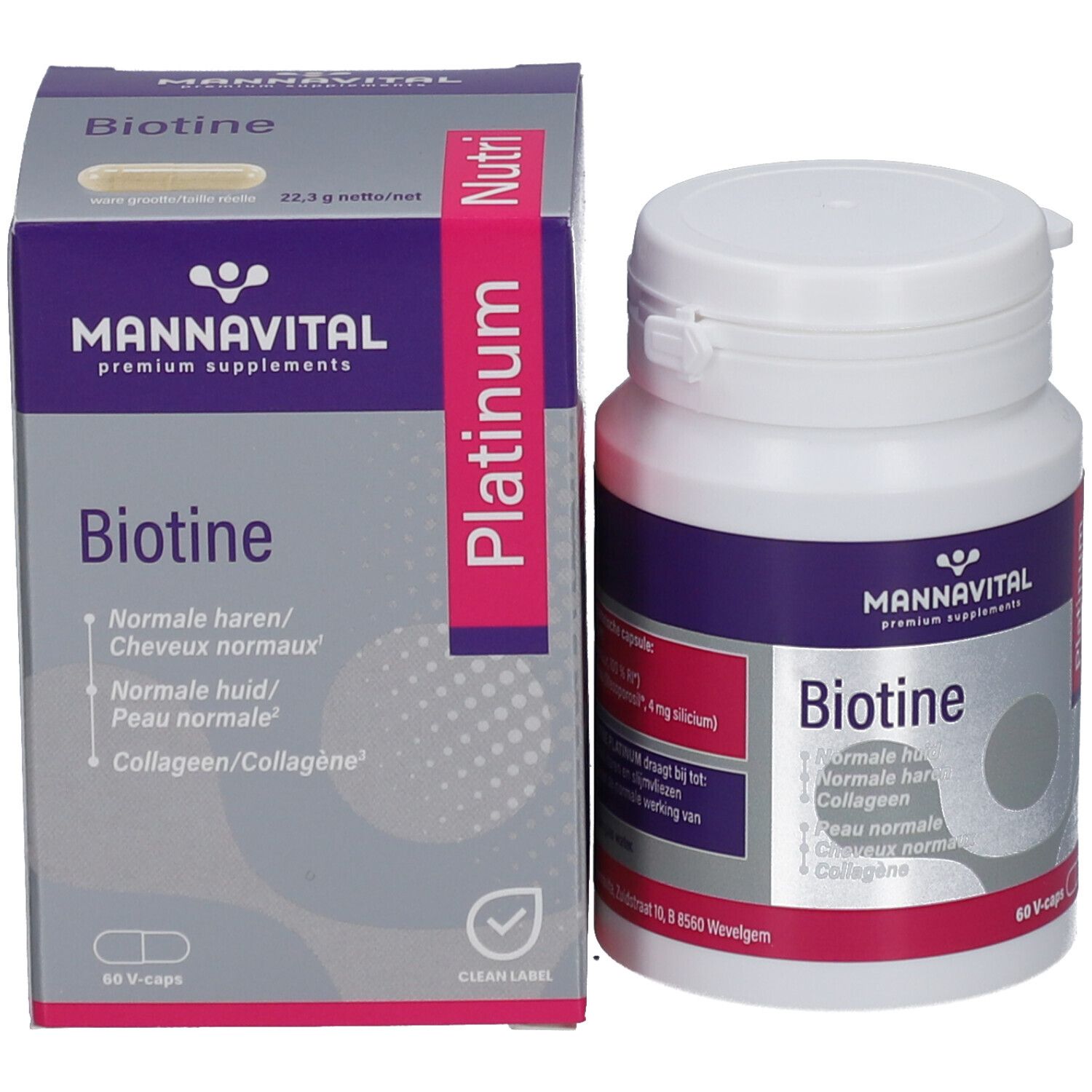 Boîte Biotine Platinum avec flacon. Contient 60 gélules. Inscriptions: Mannavital, Platinum, Clean Label.