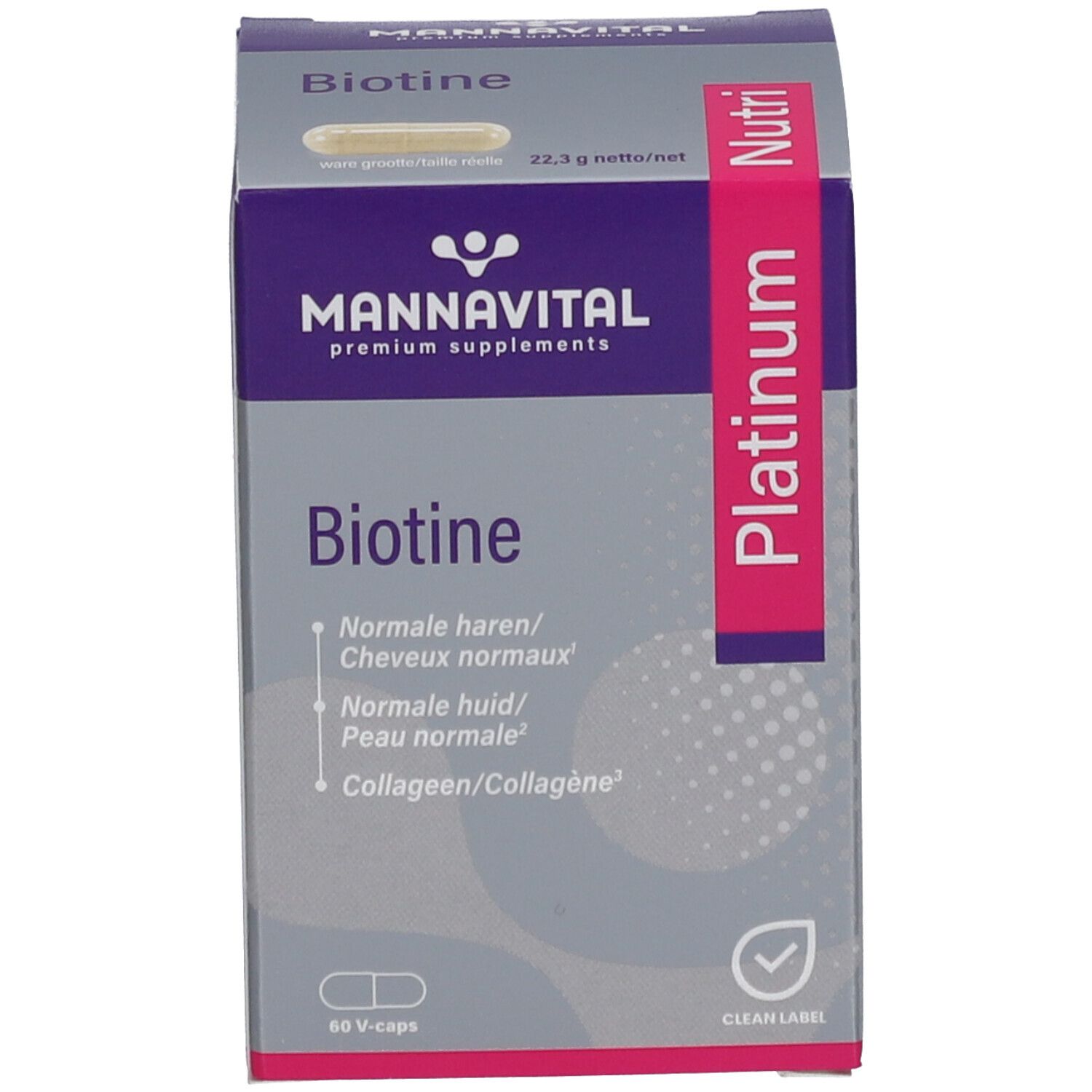 Boîte Biotine Platinum. Contient 60 gélules. Inscriptions: Mannavital, Platinum, Clean Label.