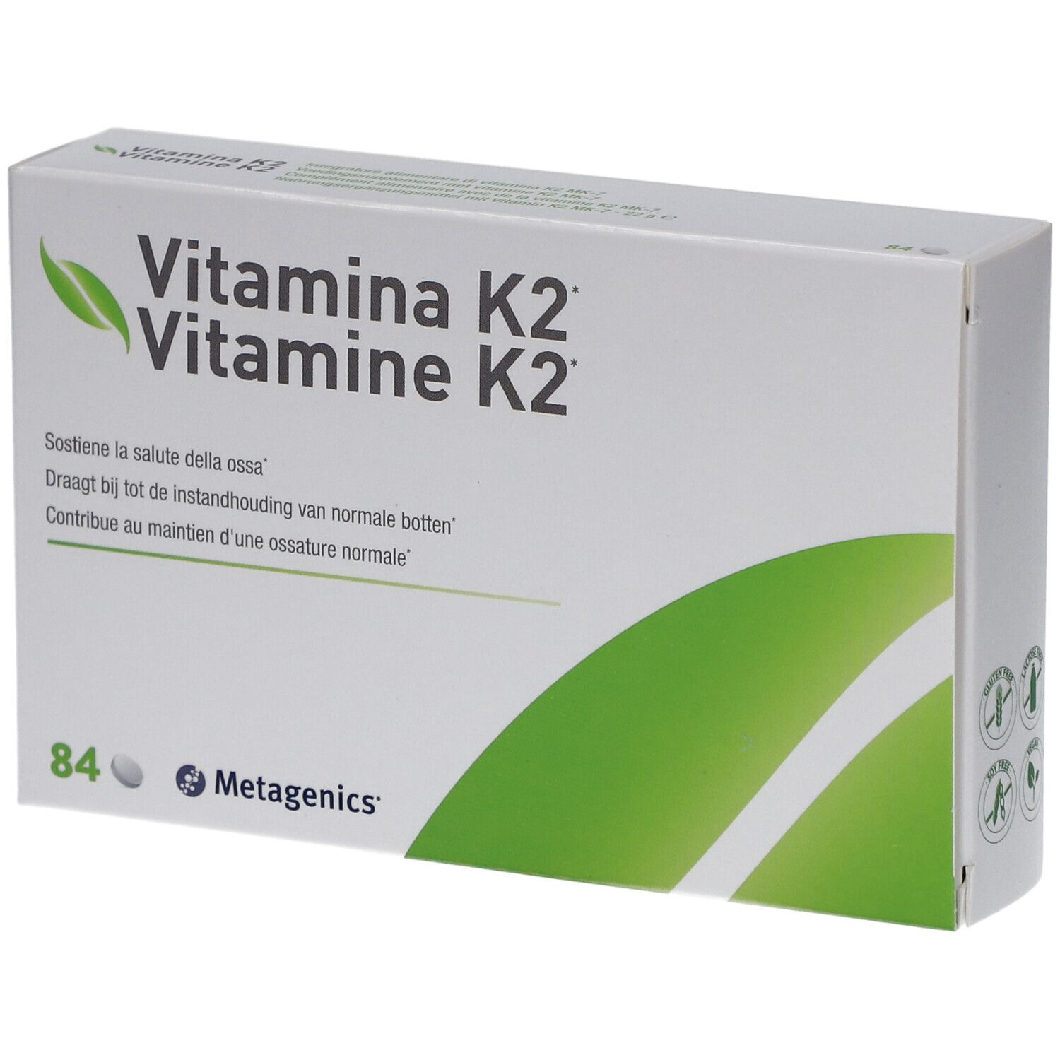 Weißer Karton mit "Vitamina K2"-Aufdruck. Enthält 84 Tabletten. Marke: Metagenics. Grünes Blatt-Logo.