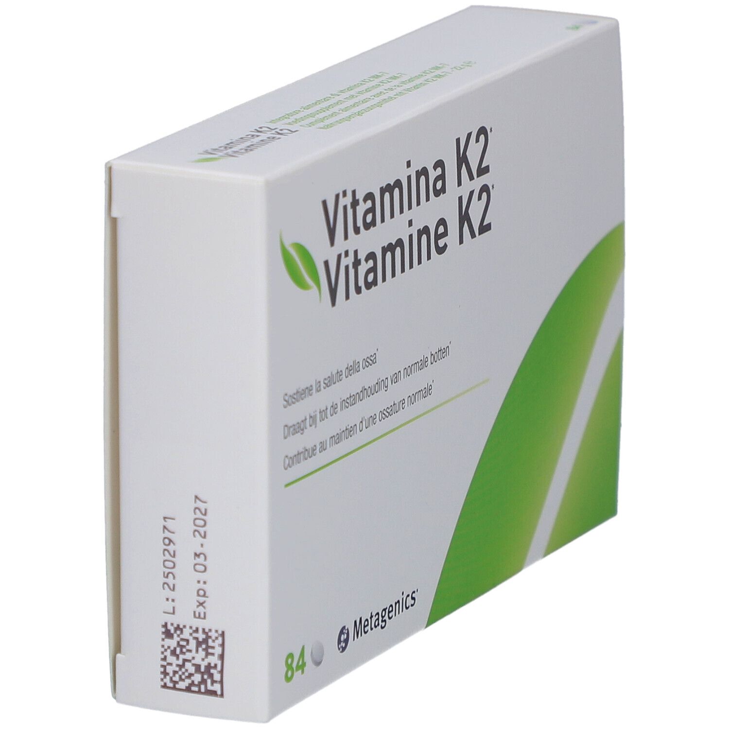 Weißer Karton mit "Vitamina K2". Enthält 84 Tabletten. Marke: Metagenics. Grünes Blatt-Logo. Haltbarkeitsdatum.