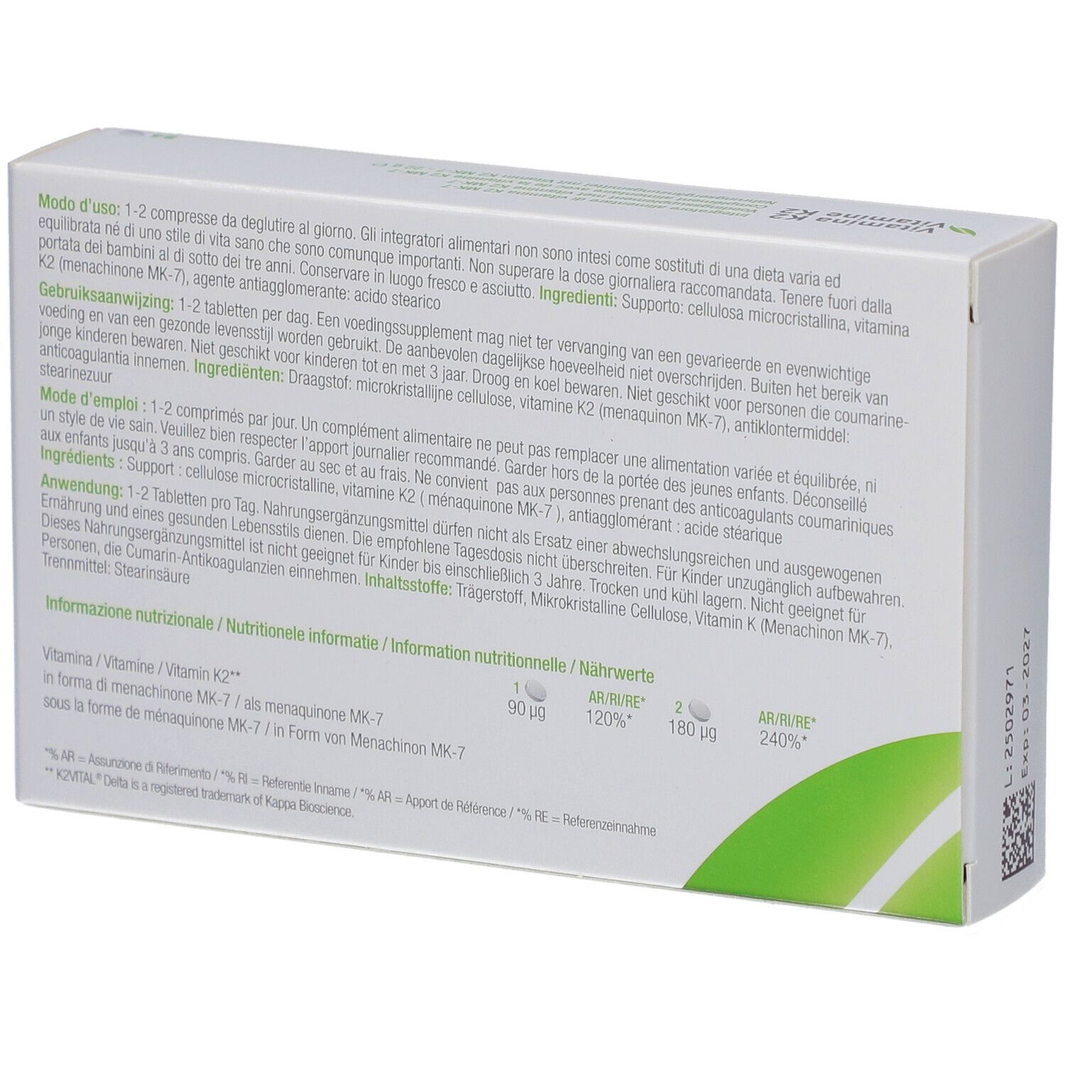 Rückseite des Kartons mit Text. Enthält Informationen zu Inhaltsstoffen und Dosierung. Marke: Metagenics.