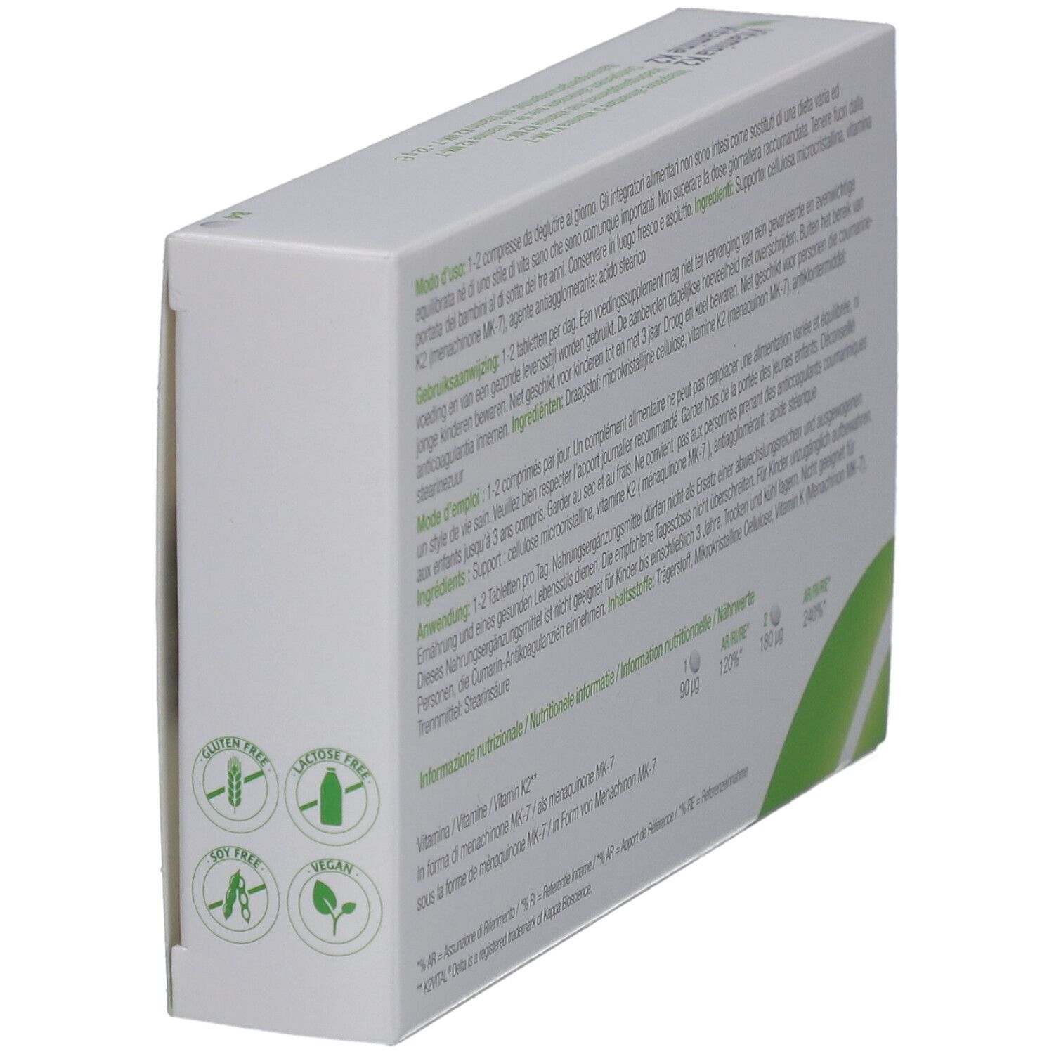 Rückseite des Kartons mit Text. Enthält Informationen zu Inhaltsstoffen und Dosierung. Logos: glutenfrei, laktosefrei, sojafrei, vegan.