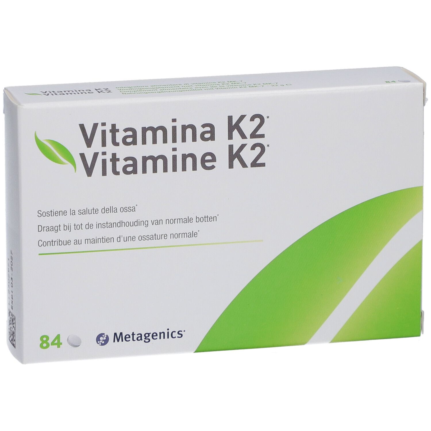 Weißer Karton mit "Vitamina K2"-Aufdruck. Enthält 84 Tabletten. Marke: Metagenics. Grünes Blatt-Logo.