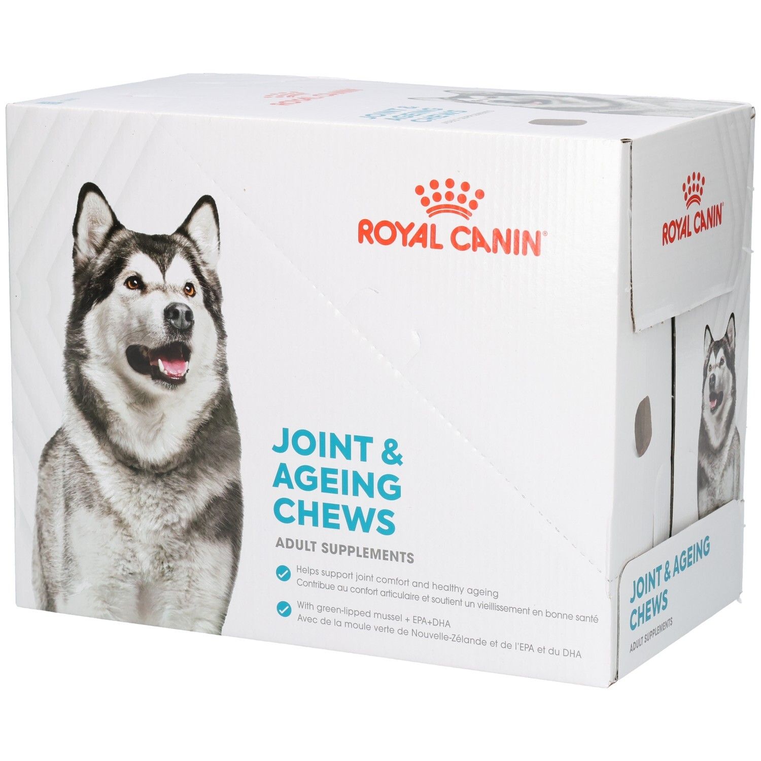 Große Kartonverpackung mit Bildern von Huskys und Text "Joint & Ageing Chews".