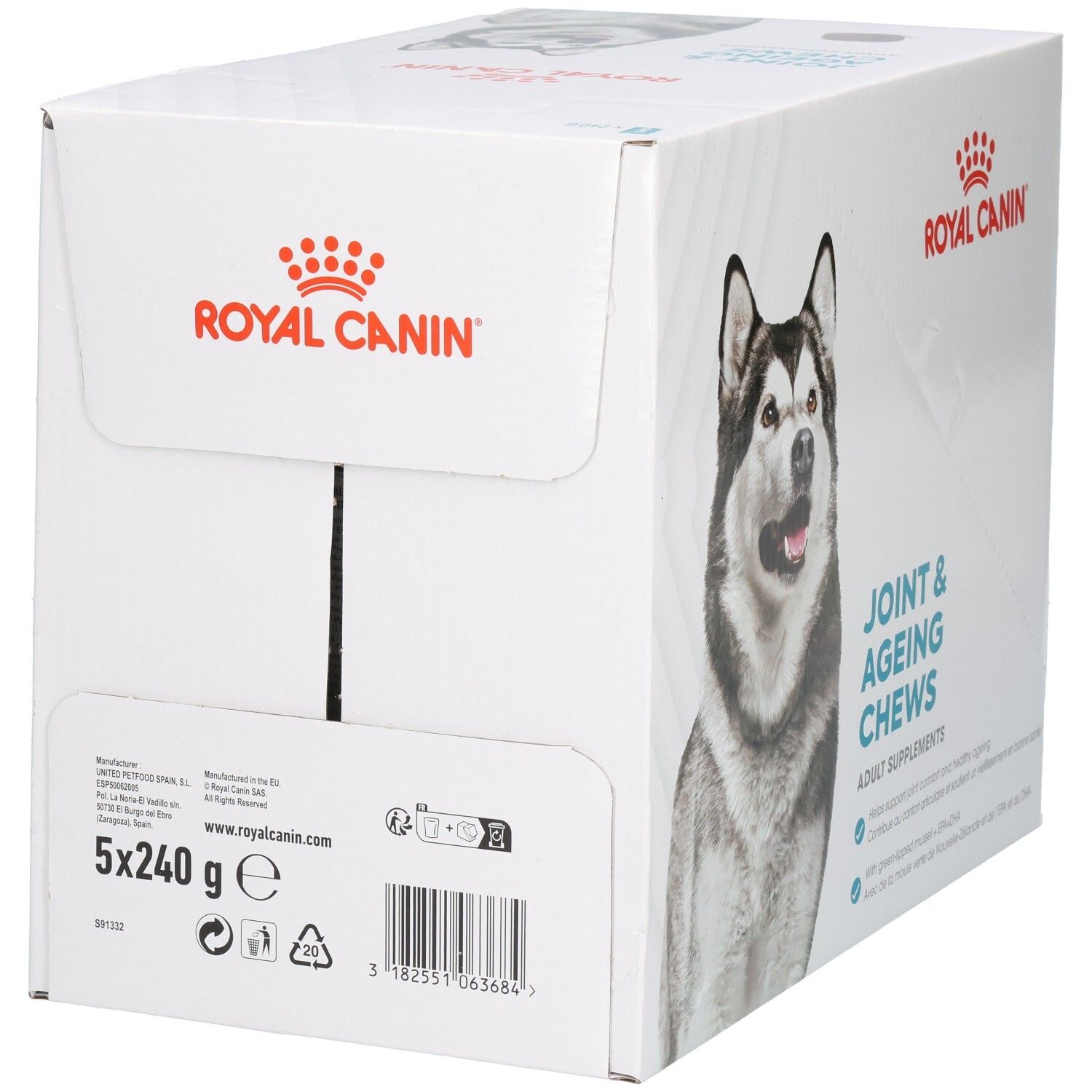 Große Kartonverpackung mit Bildern von Huskys und Text "Joint & Ageing Chews".