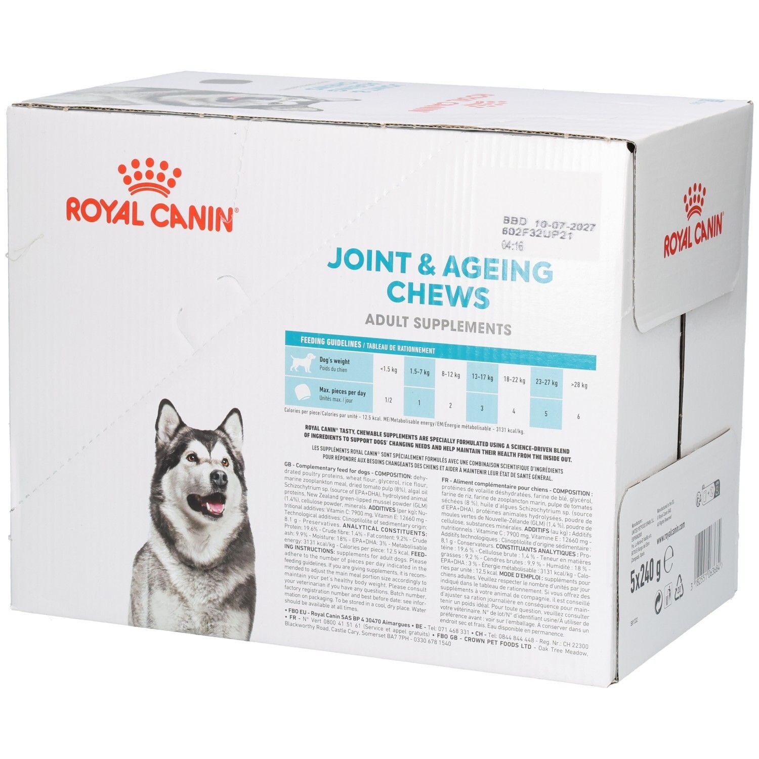 Große Kartonverpackung mit Bildern von Huskys und Text "Joint & Ageing Chews".