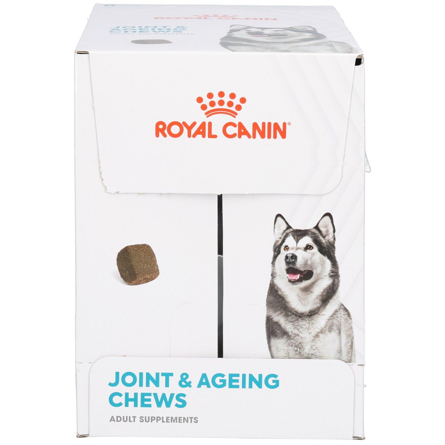 Große Kartonverpackung mit Bildern von Huskys und Text "Joint & Ageing Chews".