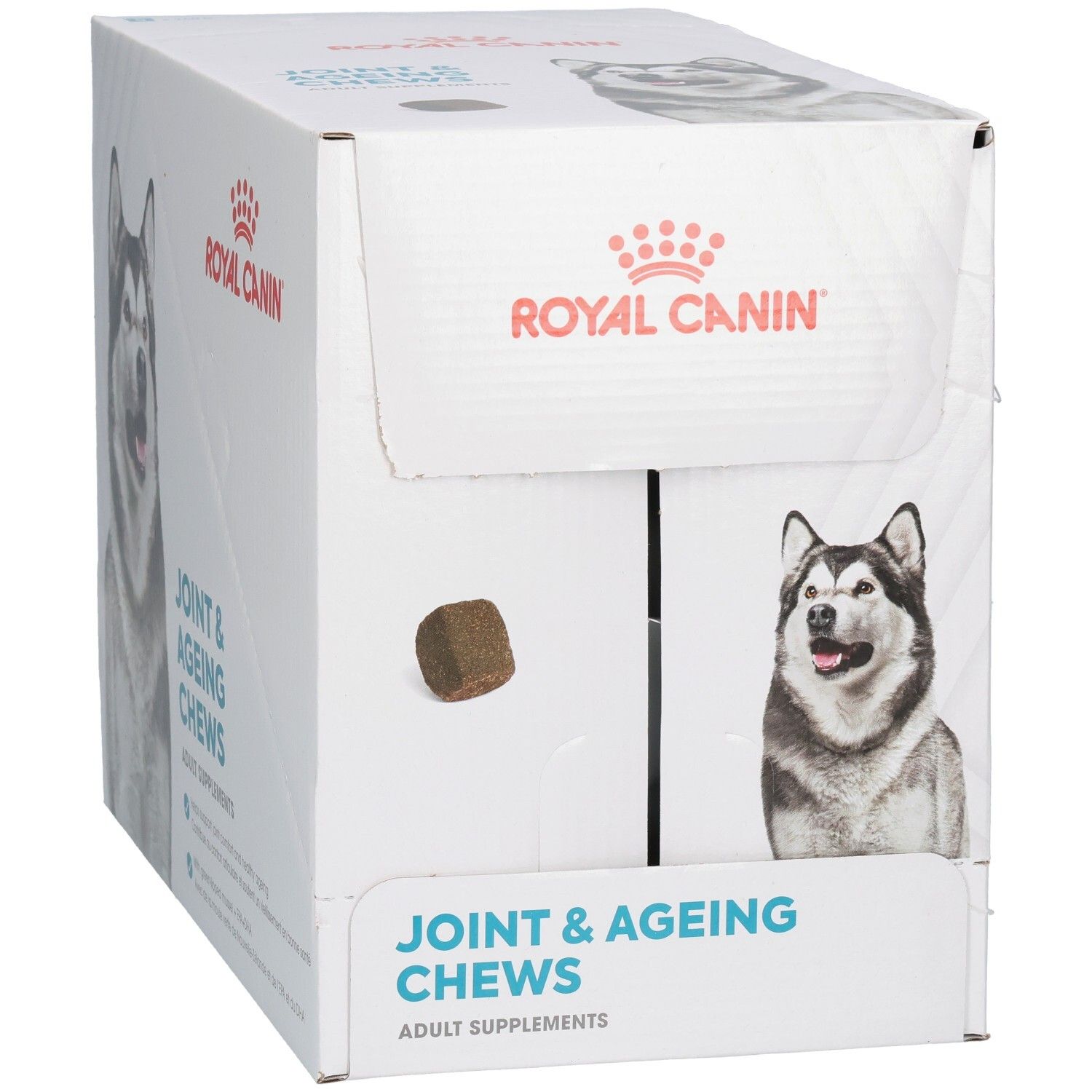 Große Kartonverpackung mit Bildern von Huskys und Text "Joint & Ageing Chews".