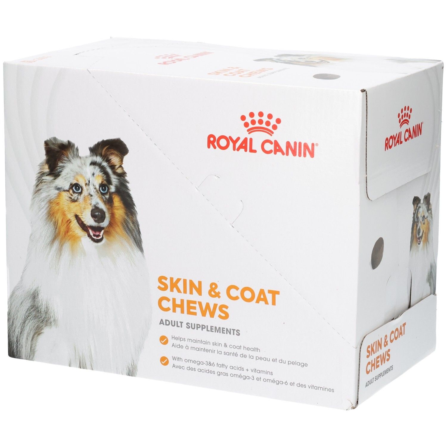 Royal Canin Skin & Coat Chews: Karton mit Hundebild und Produktinformationen.