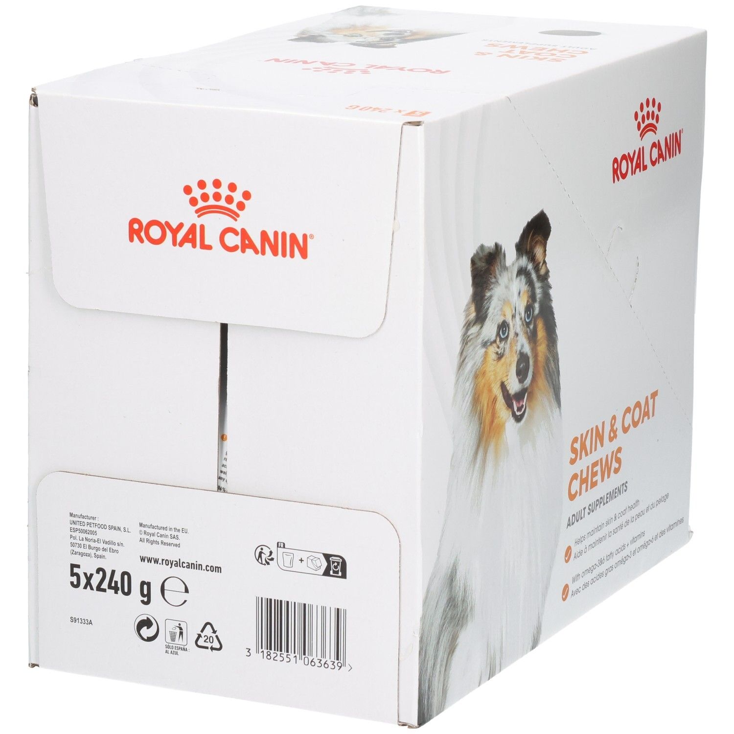 Royal Canin Skin & Coat Chews: Rückseite des Kartons mit 5x240g Angabe und Barcode.