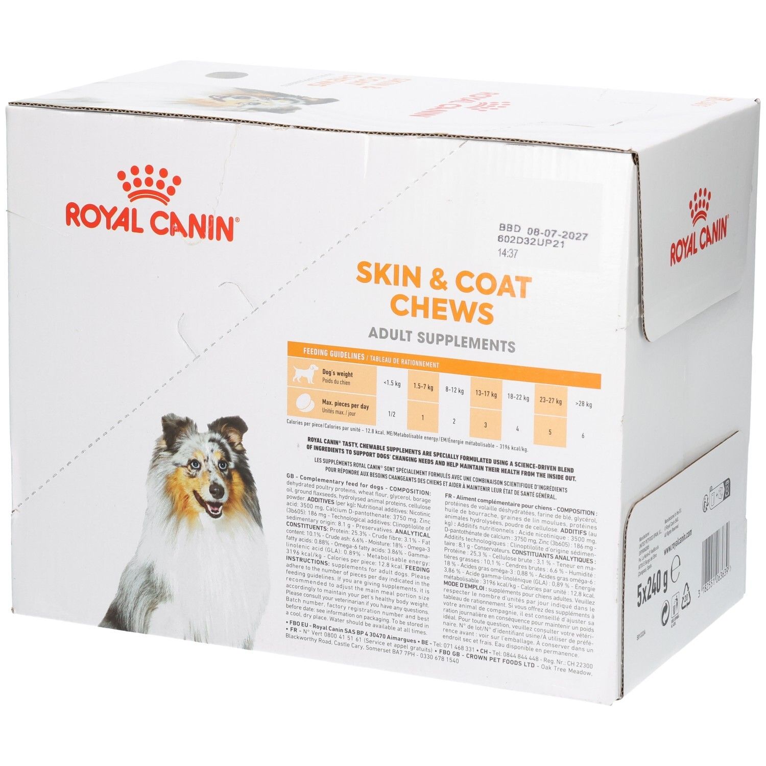 Royal Canin Skin & Coat Chews: Seitenansicht des Kartons mit Dosierungstabelle.