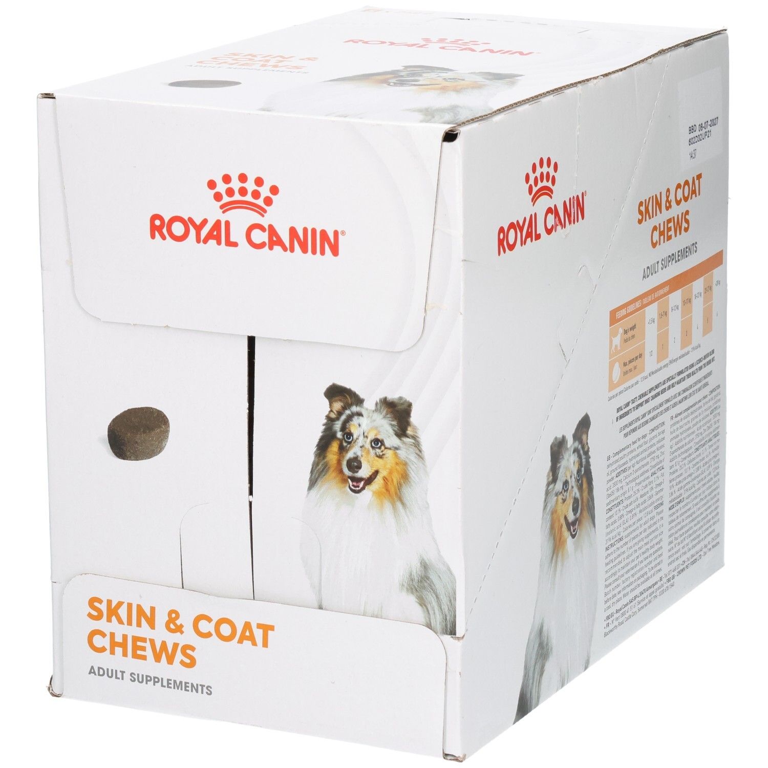Royal Canin Skin & Coat Chews: Karton mit einem einzelnen Chew und Hundebild.