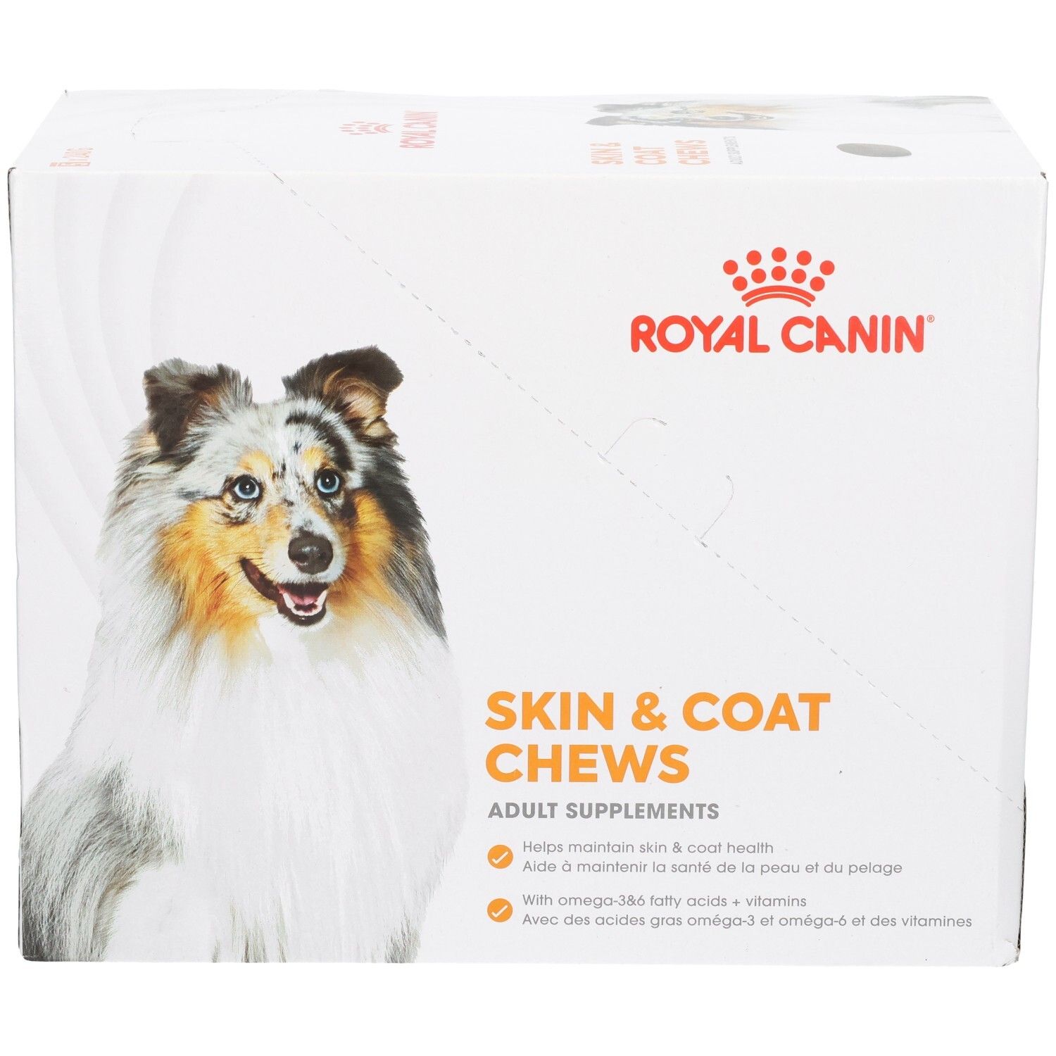 Royal Canin Skin & Coat Chews: Karton mit Hundebild und Produktinformationen.