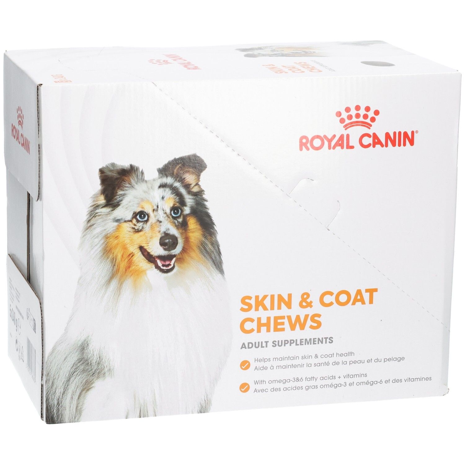 Royal Canin Skin & Coat Chews: Karton mit Hundebild und Produktinformationen.