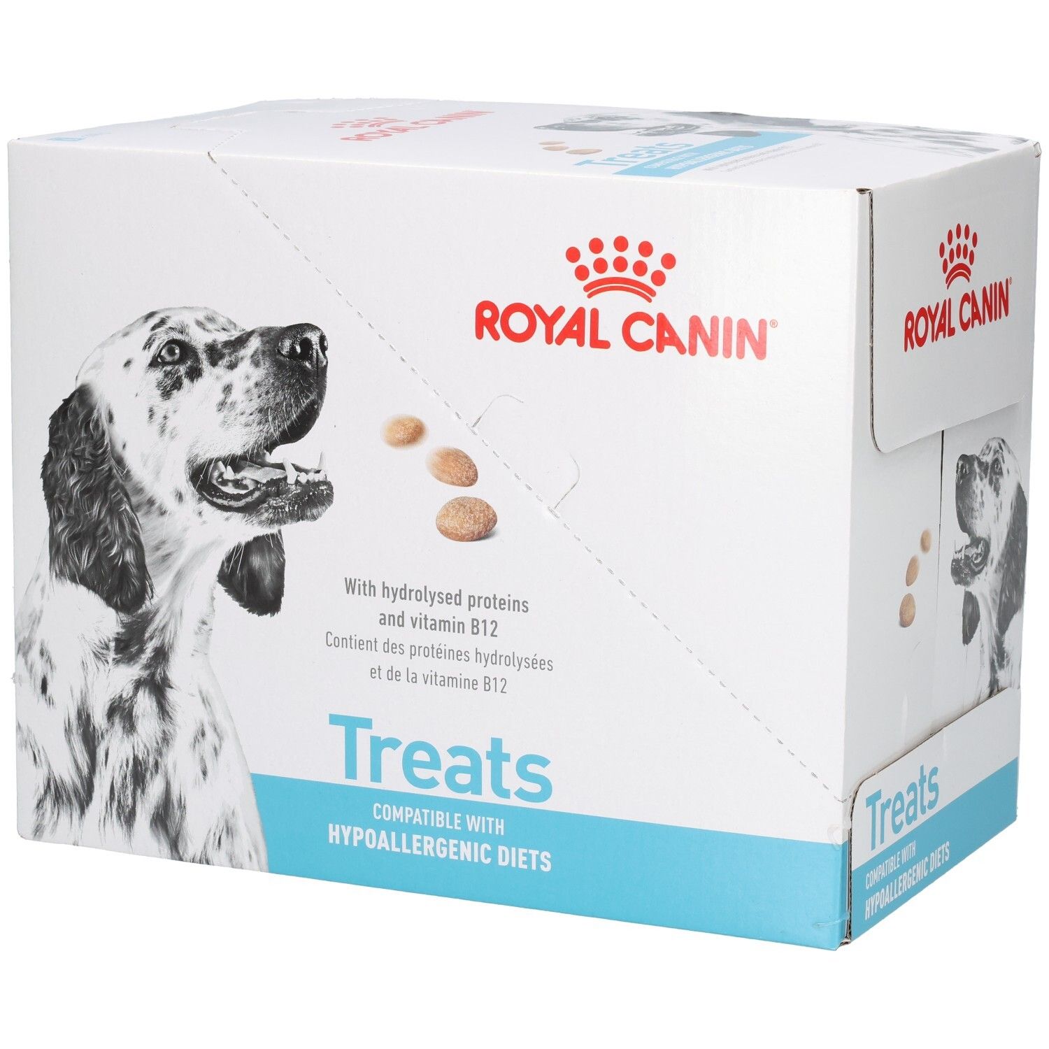 Royal Canin VET-D Treats Hypo Karton, Vorderseite mit Hund und Leckerli-Darstellung.