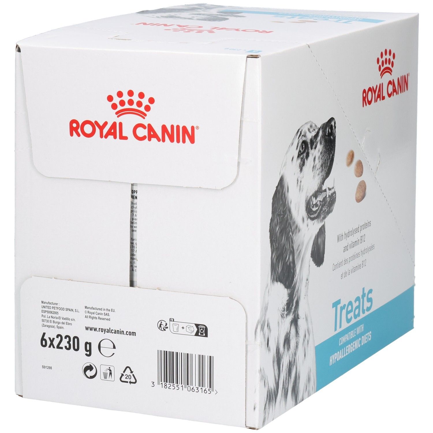 Royal Canin VET-D Treats Hypo Karton, Rückseite mit Produktinformationen und Barcode.