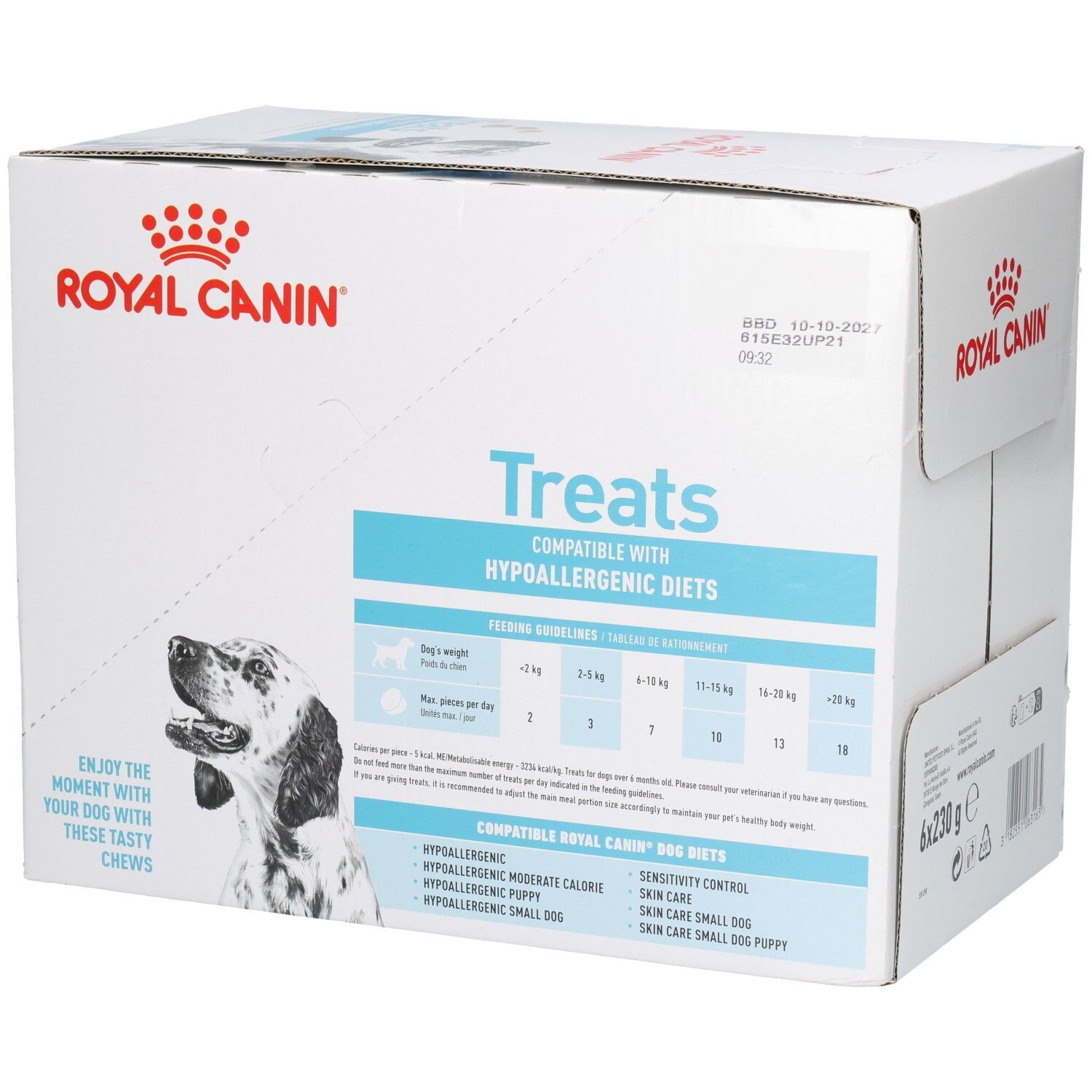Royal Canin VET-D Treats Hypo Karton, Seite mit Fütterungsempfehlungen und Produktvorteilen.