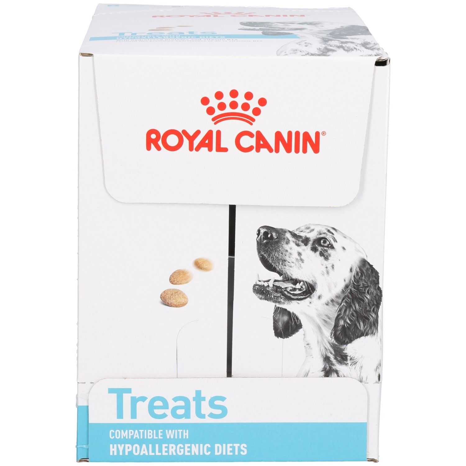 Royal Canin VET-D Treats Hypo Karton, Vorderseite mit Hund und Leckerli-Darstellung.
