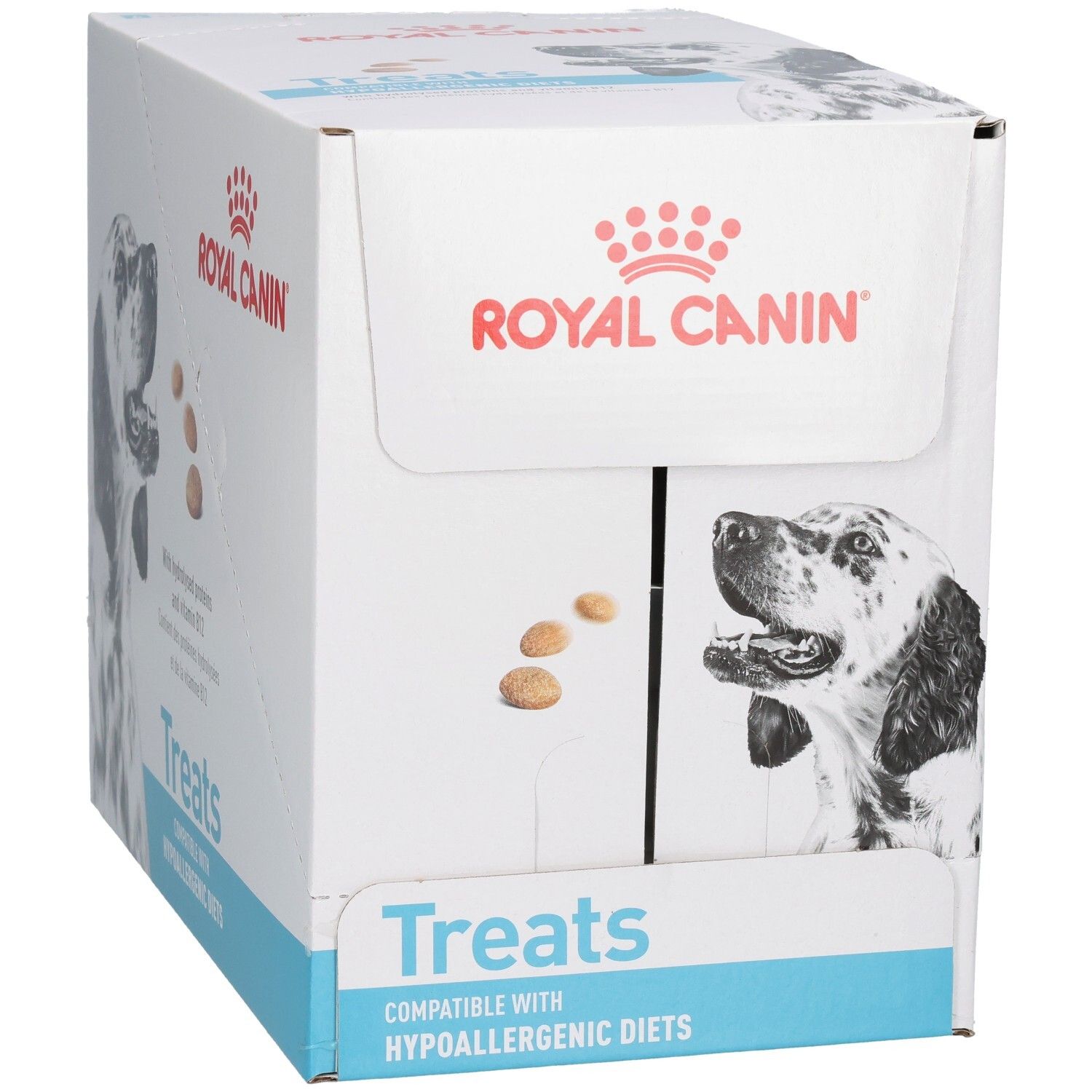 Royal Canin VET-D Treats Hypo Karton, Vorderseite mit Hund und Leckerli-Darstellung.