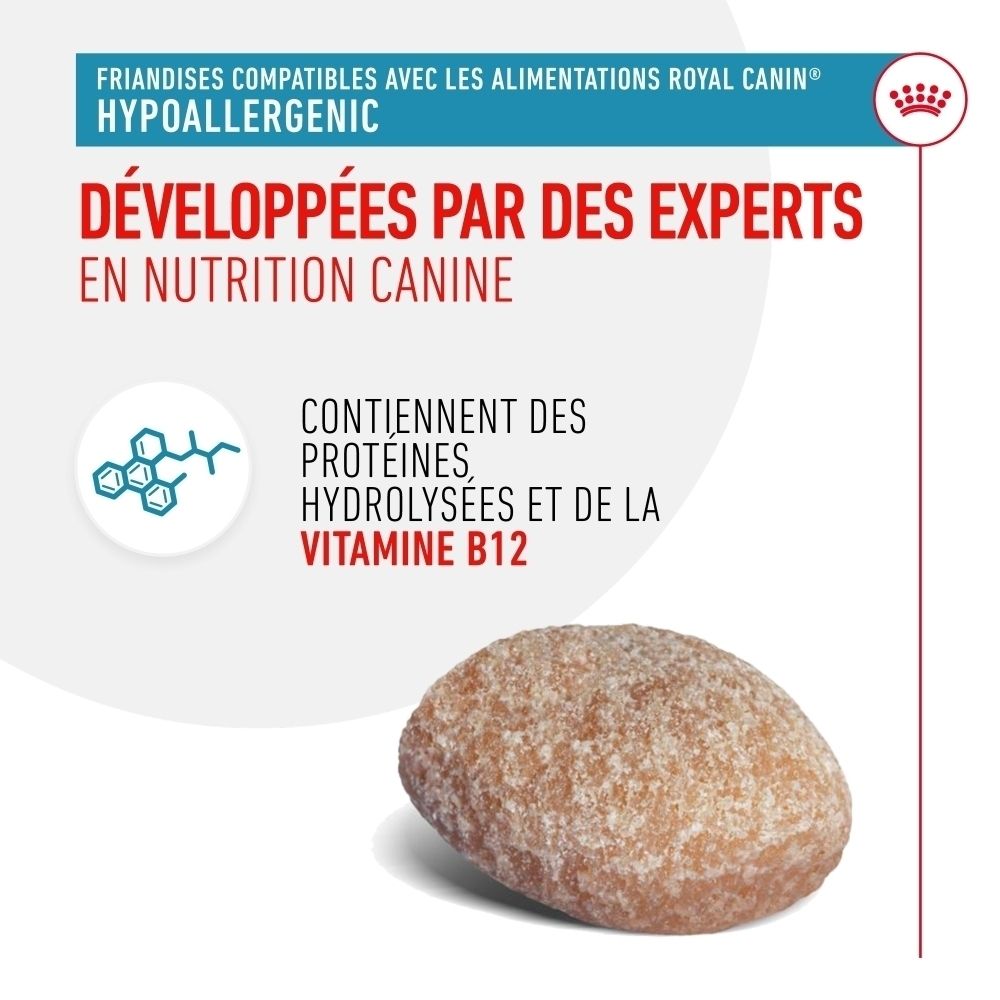 Hypoallergenes Hundeleckerli, entwickelt von Ernährungsexperten. Enthält hydrolysierte Proteine und Vitamin B12.