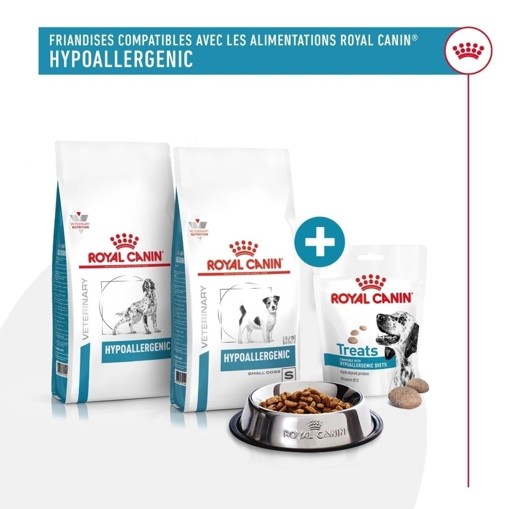 Royal Canin Hypoallergenic Hundefutter und Leckerlis in verschiedenen Packungsgrößen, dazu ein Napf mit Futter.