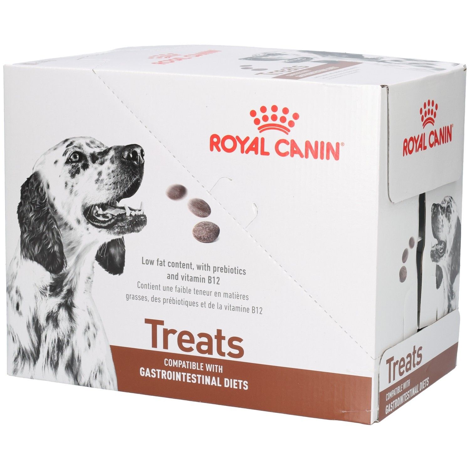 Royal Canin Treats Karton mit Hundebild, Produktinformationen und Hinweisen zu Inhaltsstoffen.