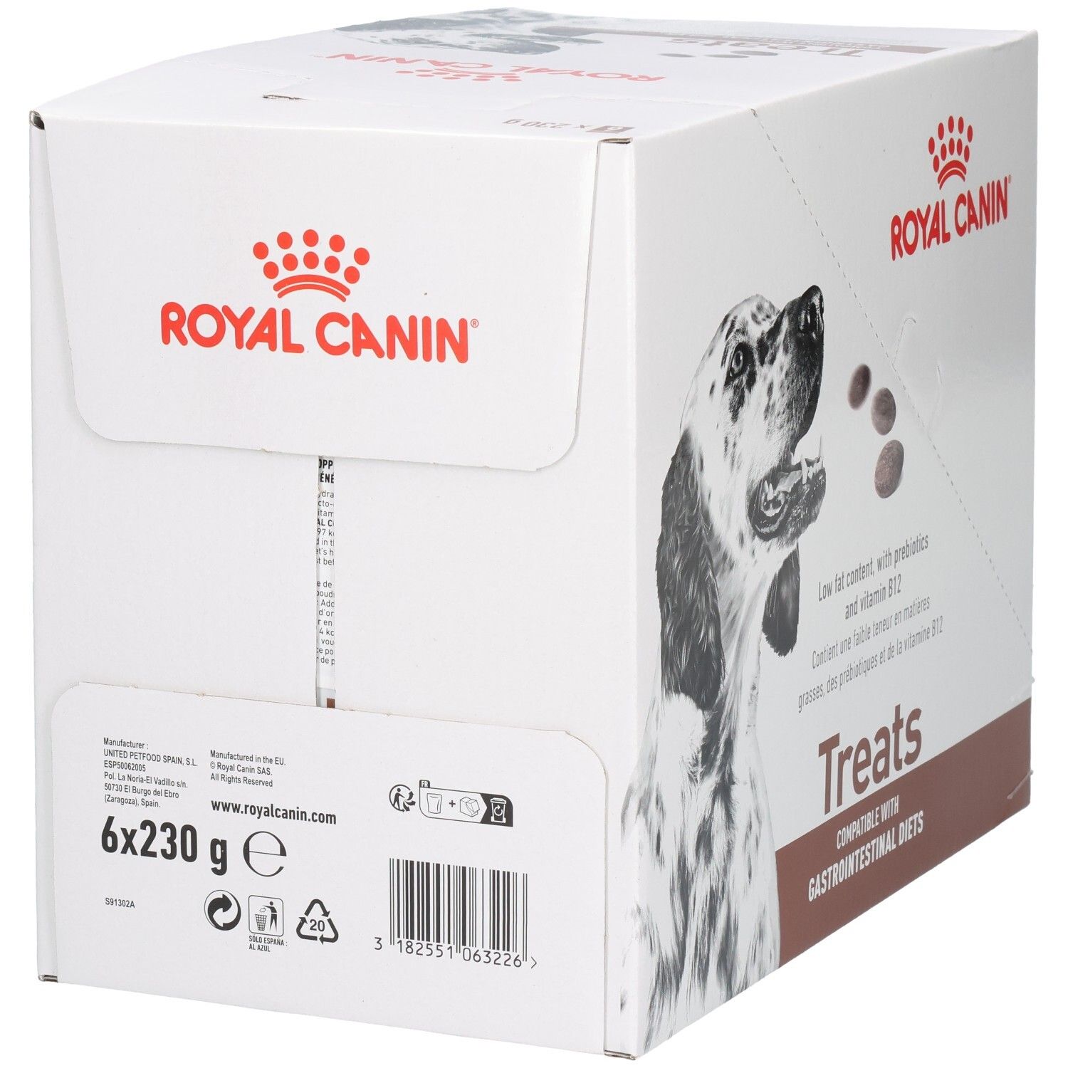Royal Canin Treats Karton mit Produktinformationen, Barcode und 6x230g Hinweis.