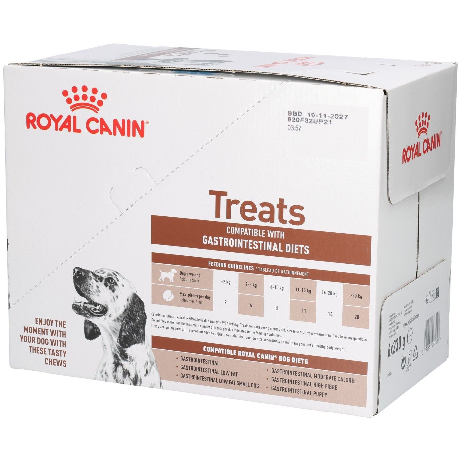 Royal Canin Treats Karton mit Hundebild, Fütterungsempfehlungen und Produktinformationen.