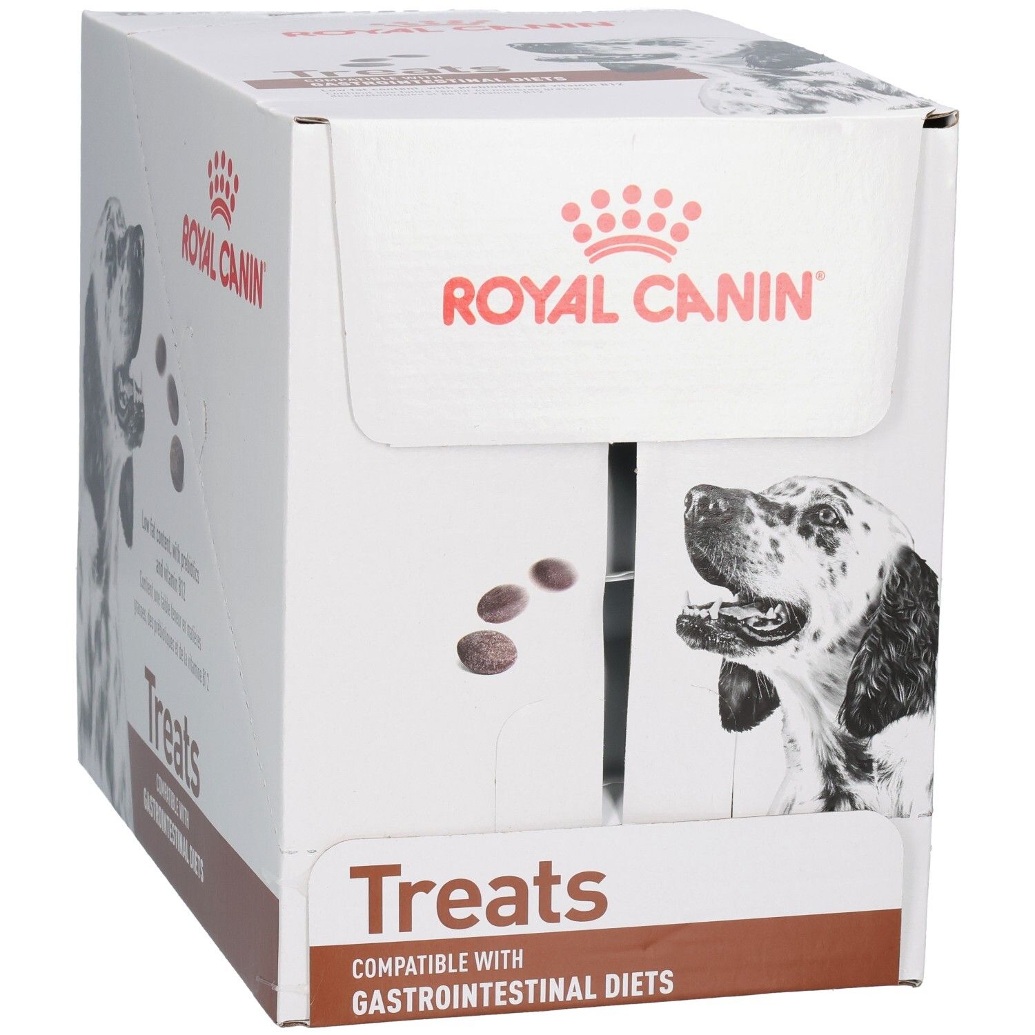 Royal Canin Treats Karton mit Hundebild und Produktinformationen.